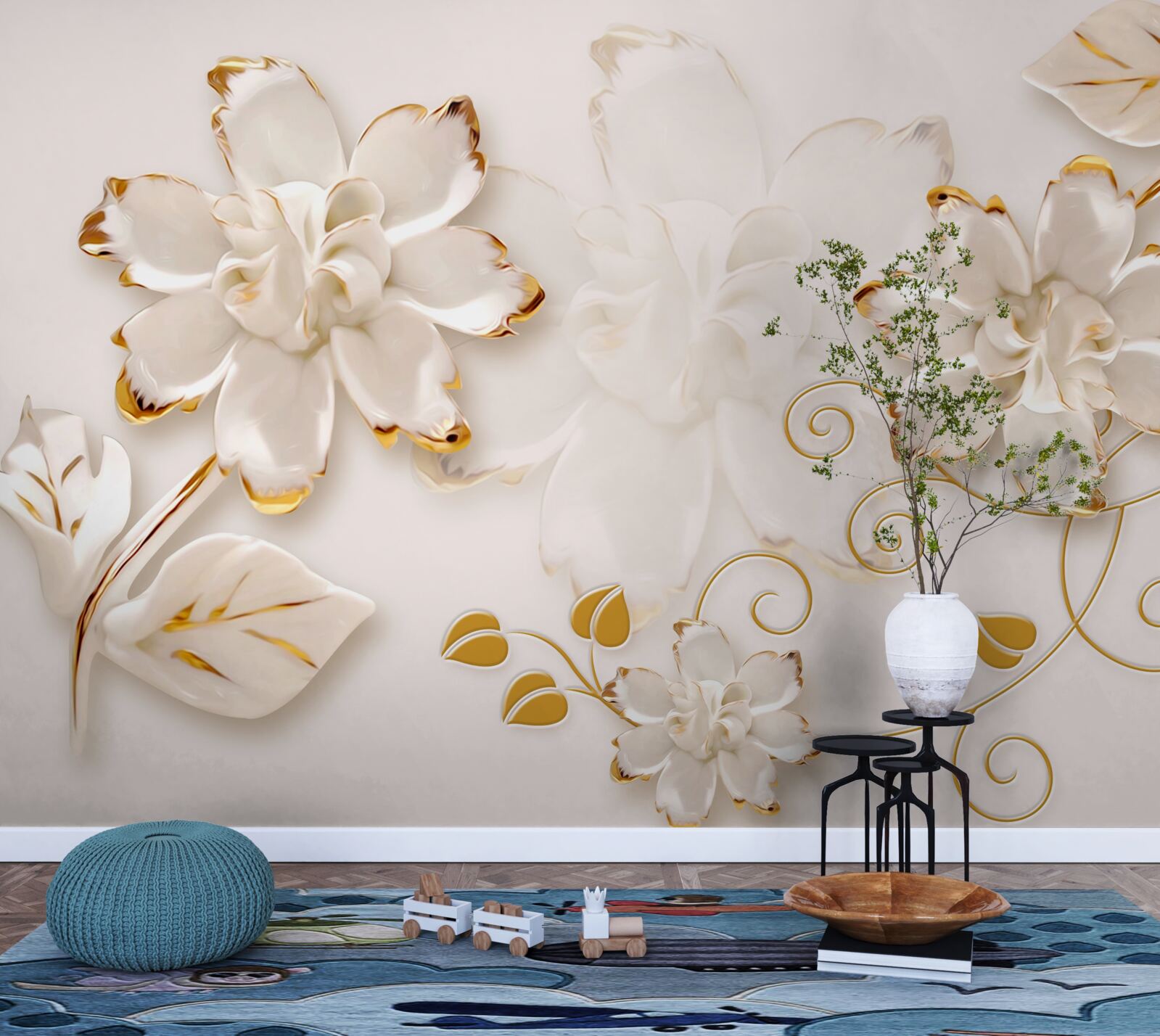 Фотошпалери Білосніжні троянди з золотом