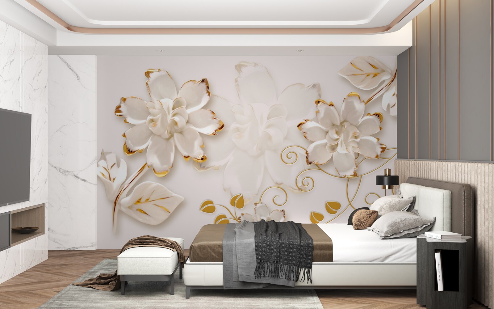 Фотошпалери Білосніжні троянди з золотом