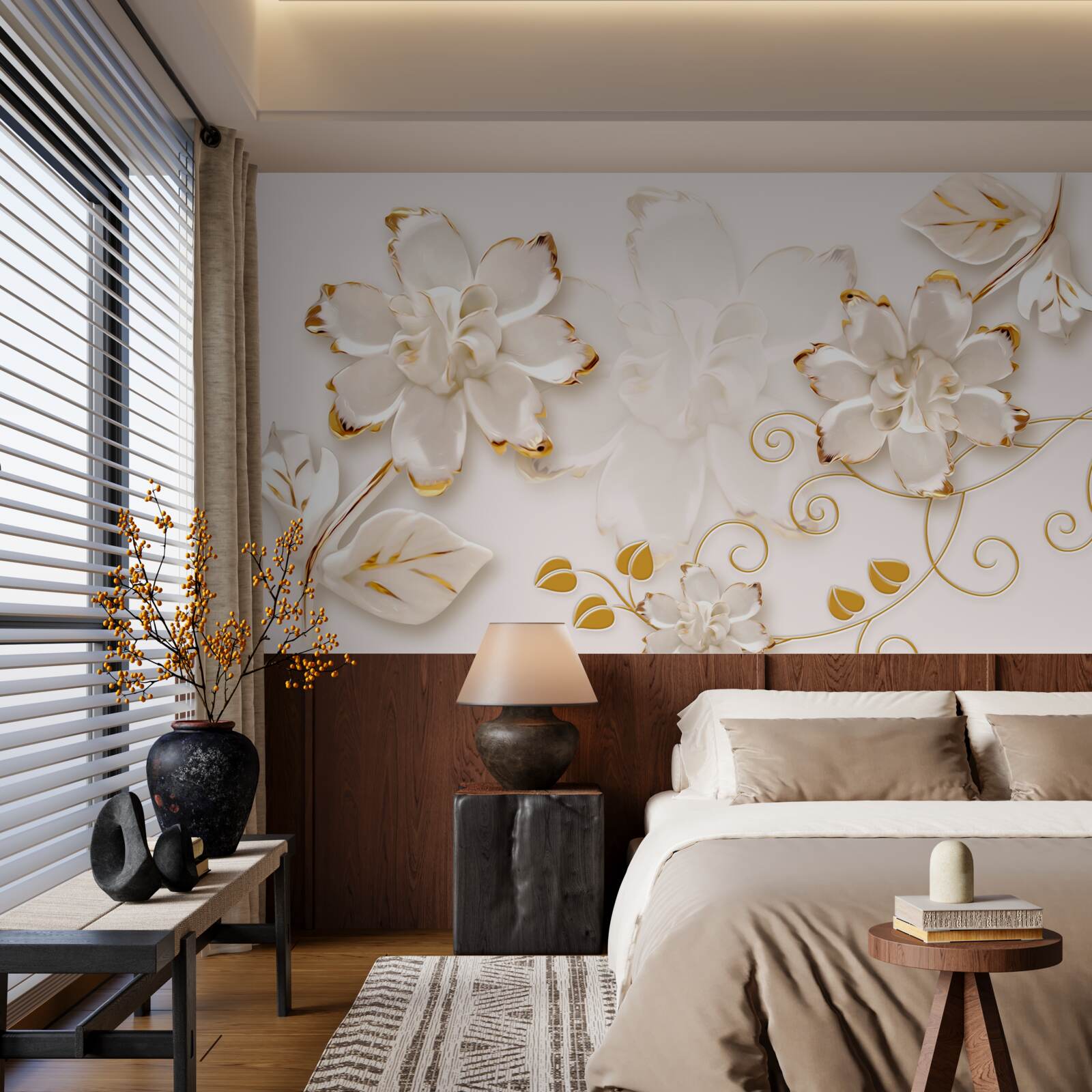 Фотошпалери Білосніжні троянди з золотом