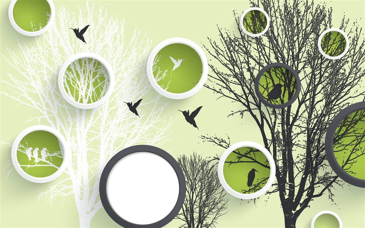 Фотошпалери дерева з птахами в чорно-білих тонах