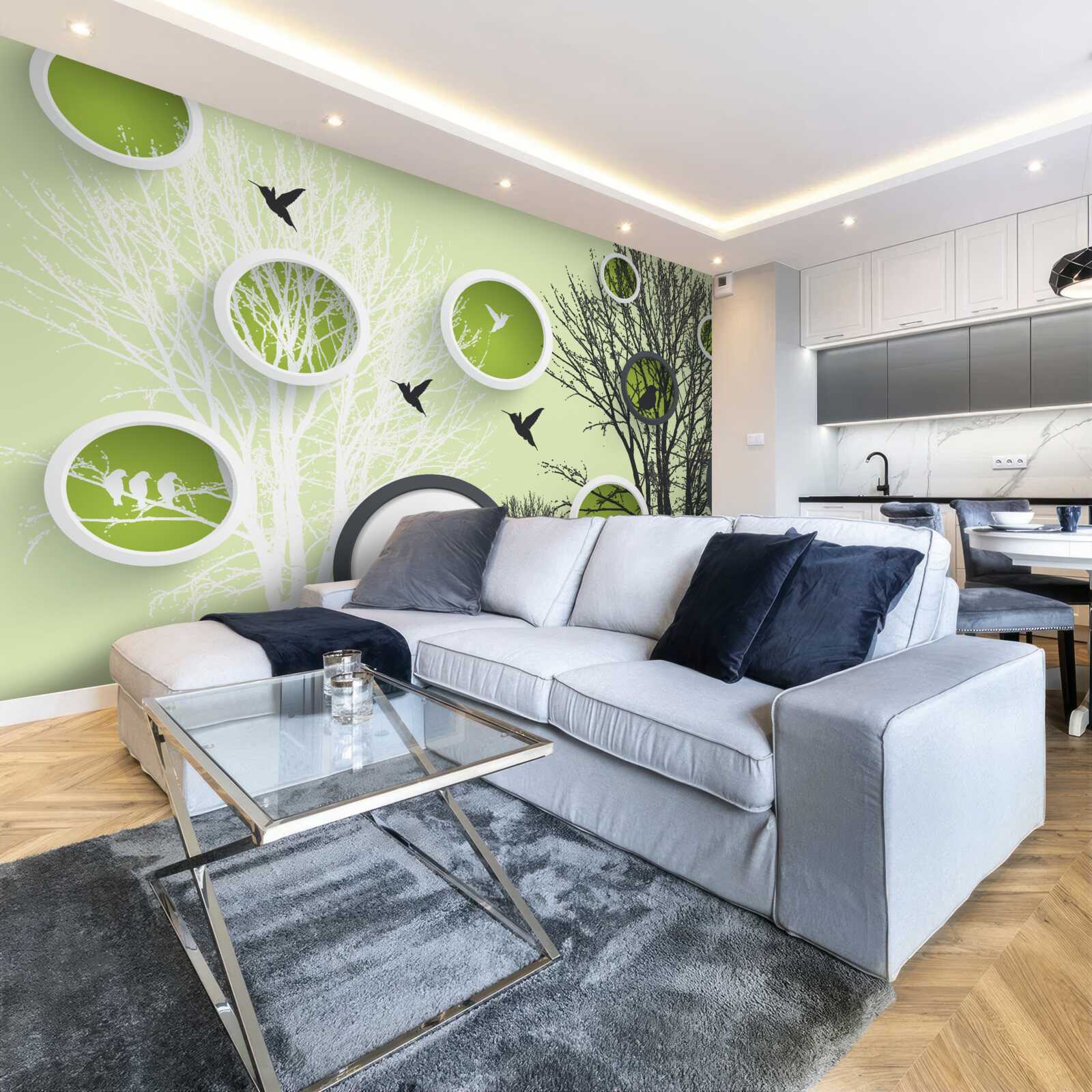 Фотошпалери дерева з птахами в чорно-білих тонах