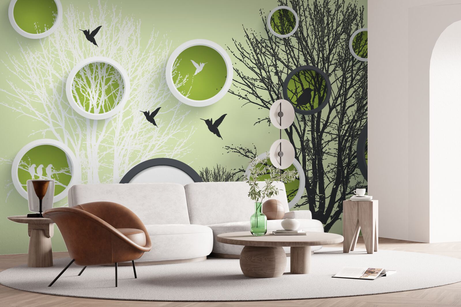 Фотошпалери дерева з птахами в чорно-білих тонах