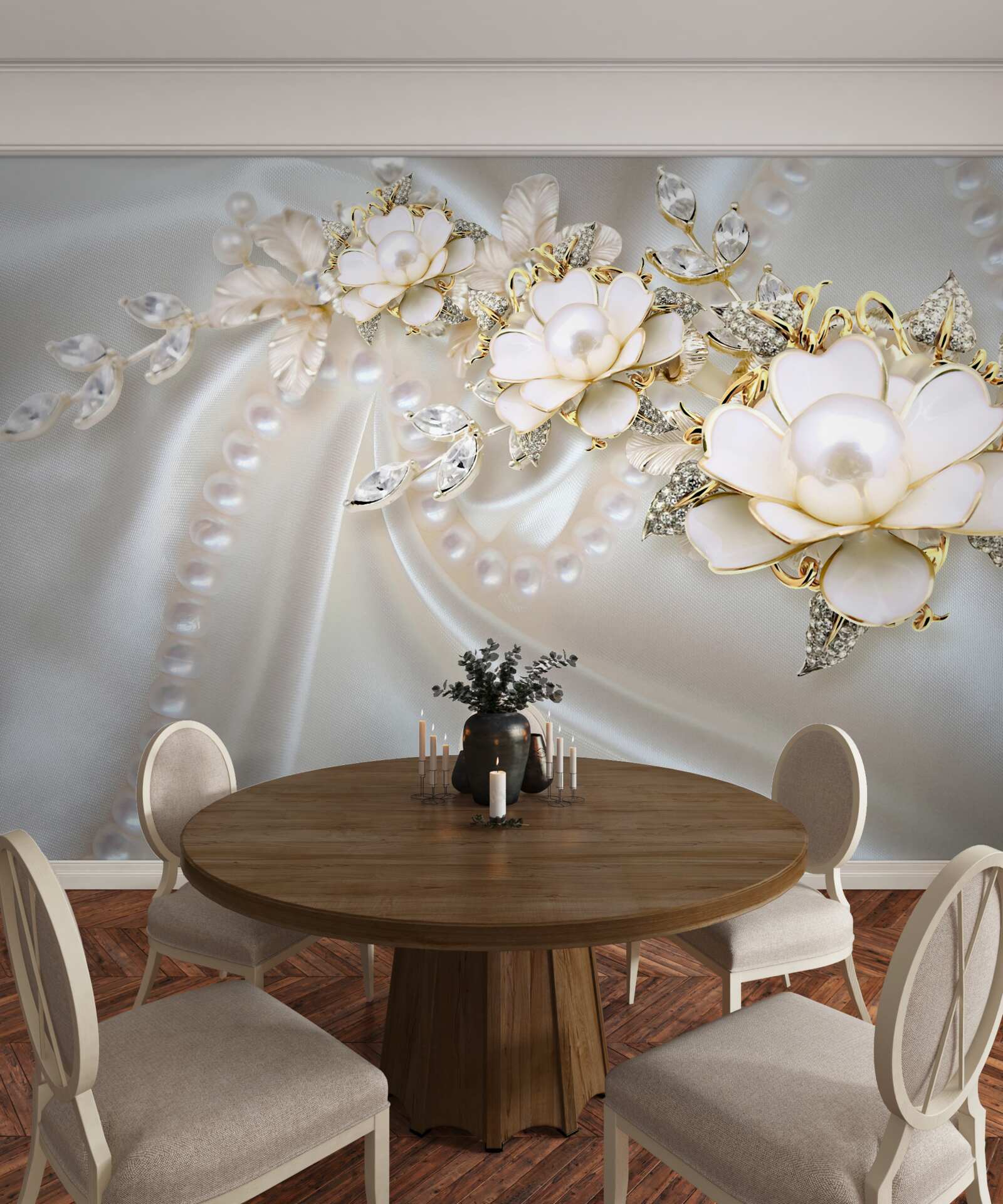 Фотошпалери перлини на шовку прикрашені трояндами