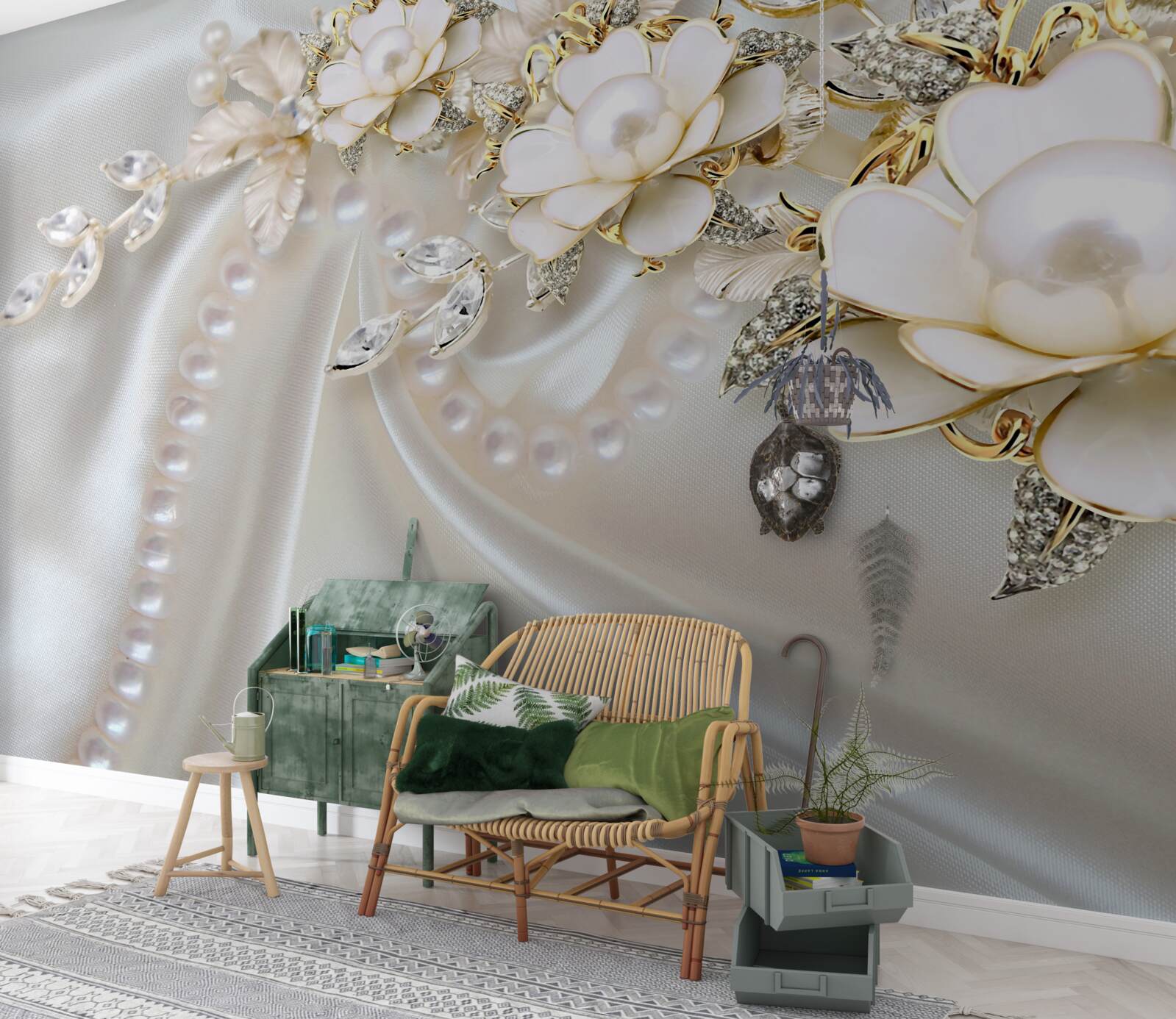 Фотошпалери перлини на шовку прикрашені трояндами