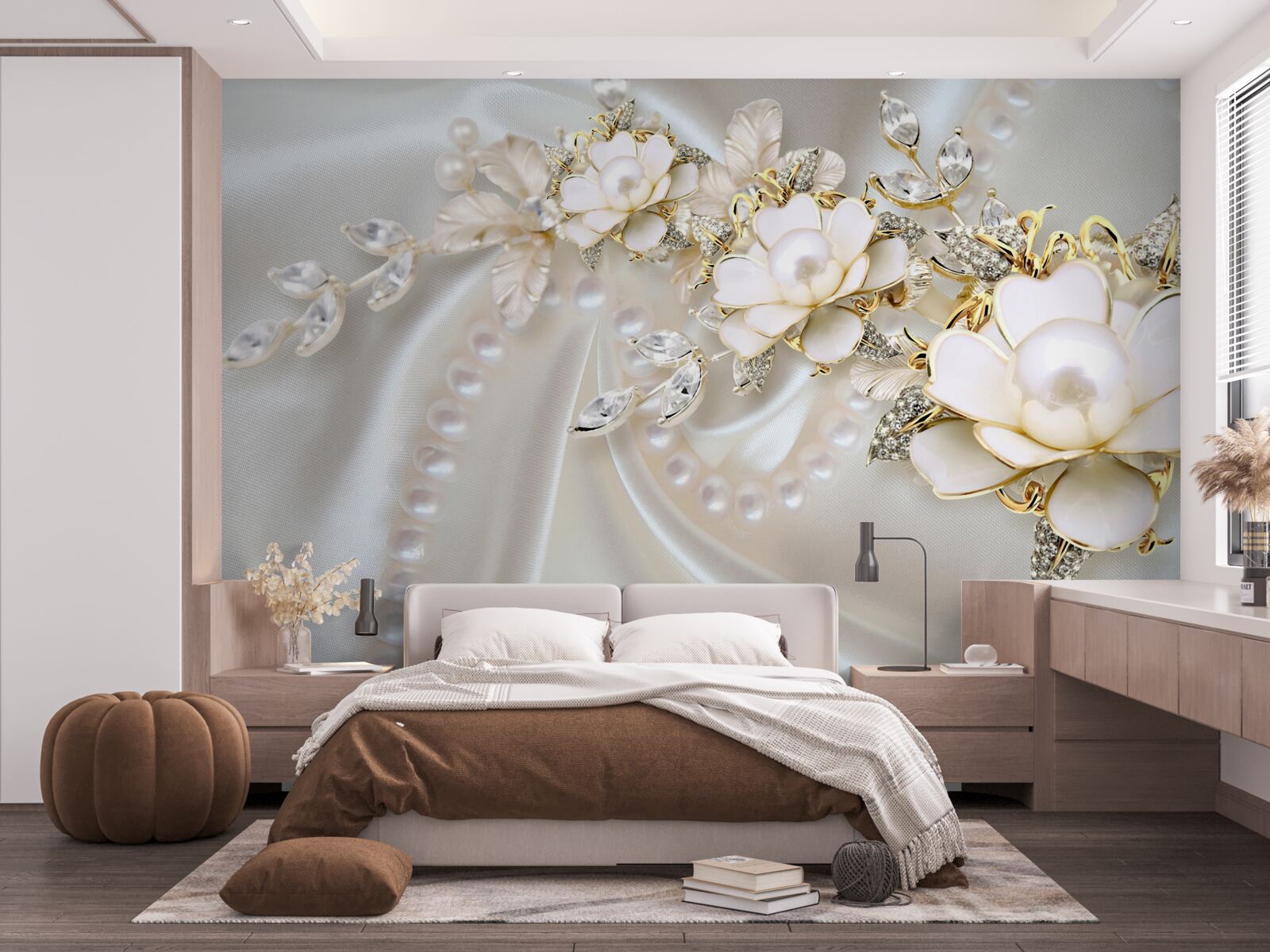 Фотошпалери перлини на шовку прикрашені трояндами