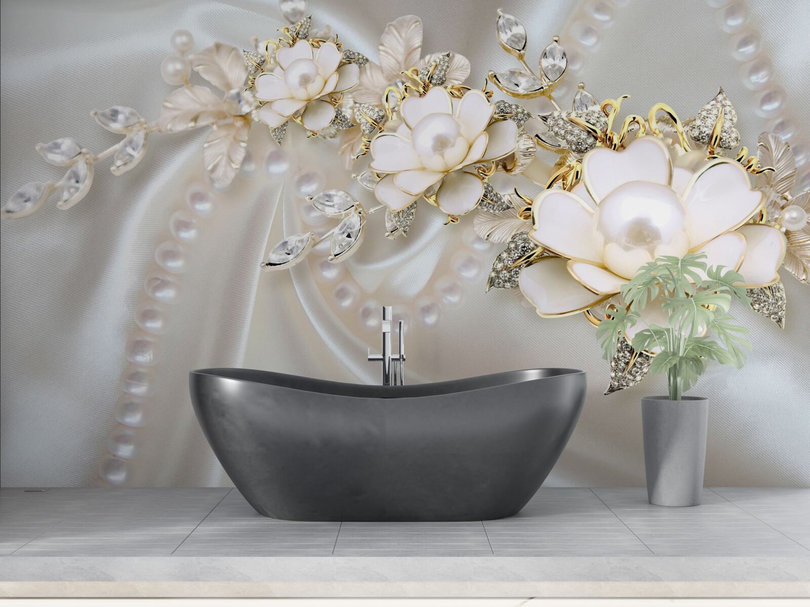 Фотошпалери перлини на шовку прикрашені трояндами