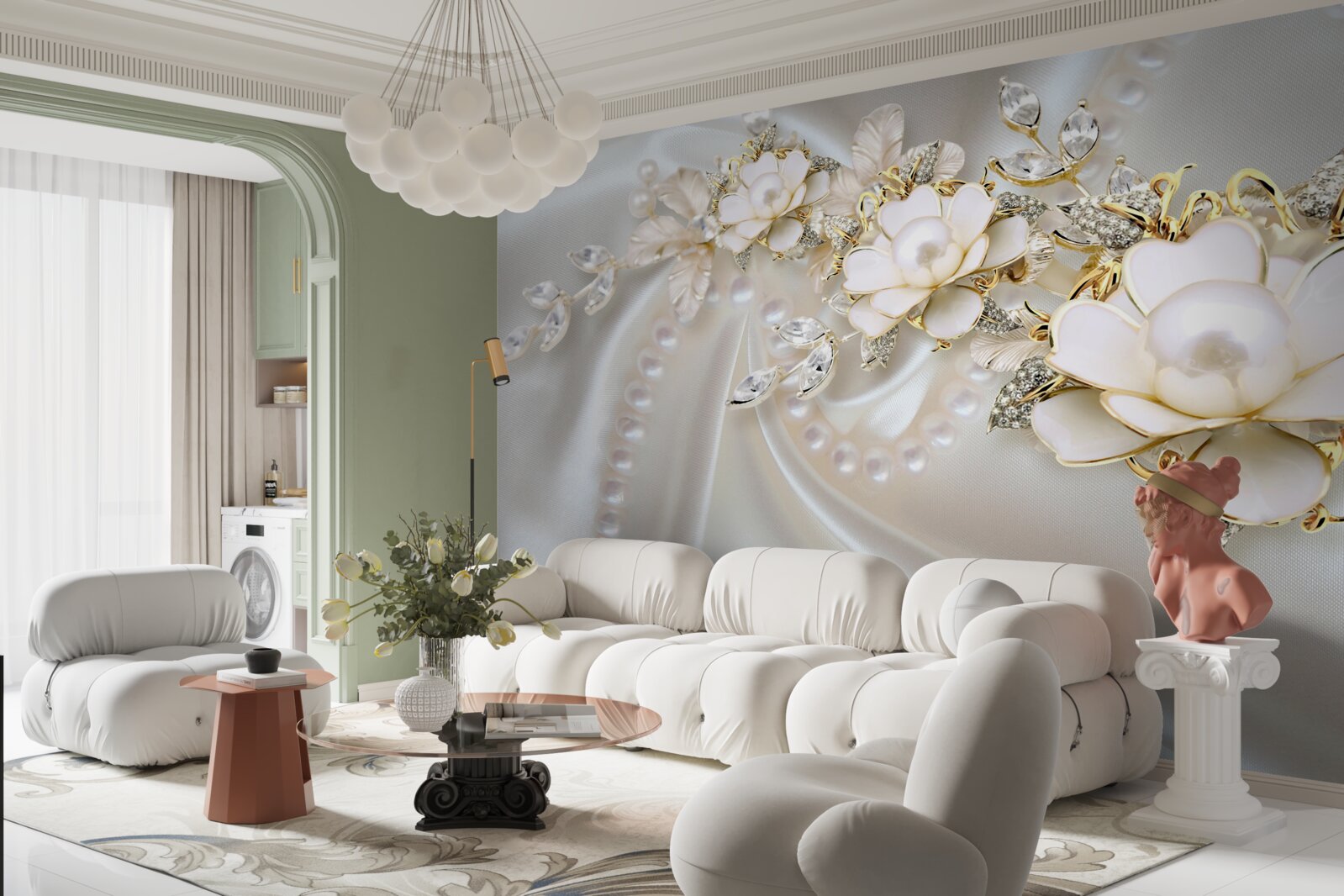 Фотошпалери перлини на шовку прикрашені трояндами