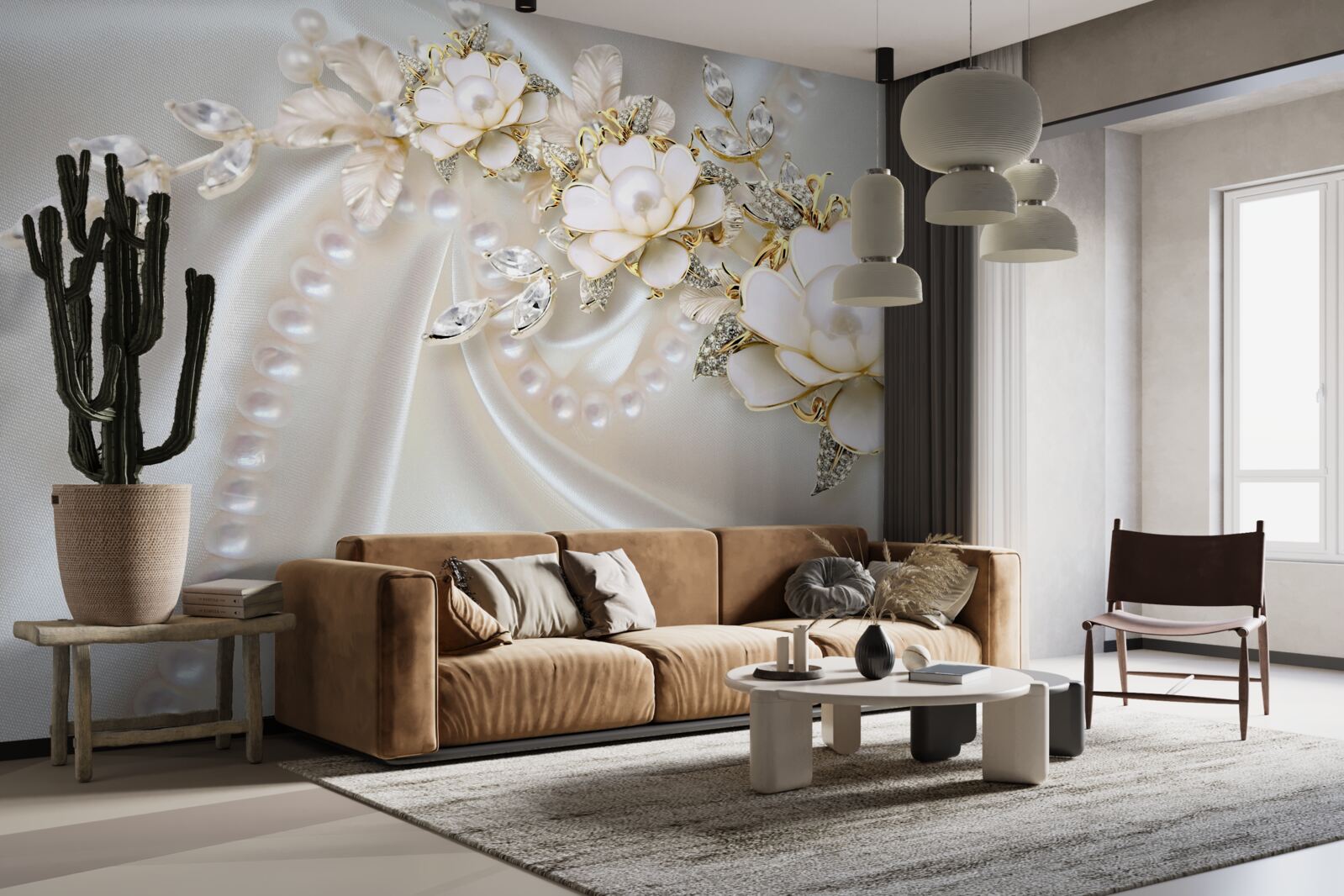 Фотошпалери перлини на шовку прикрашені трояндами