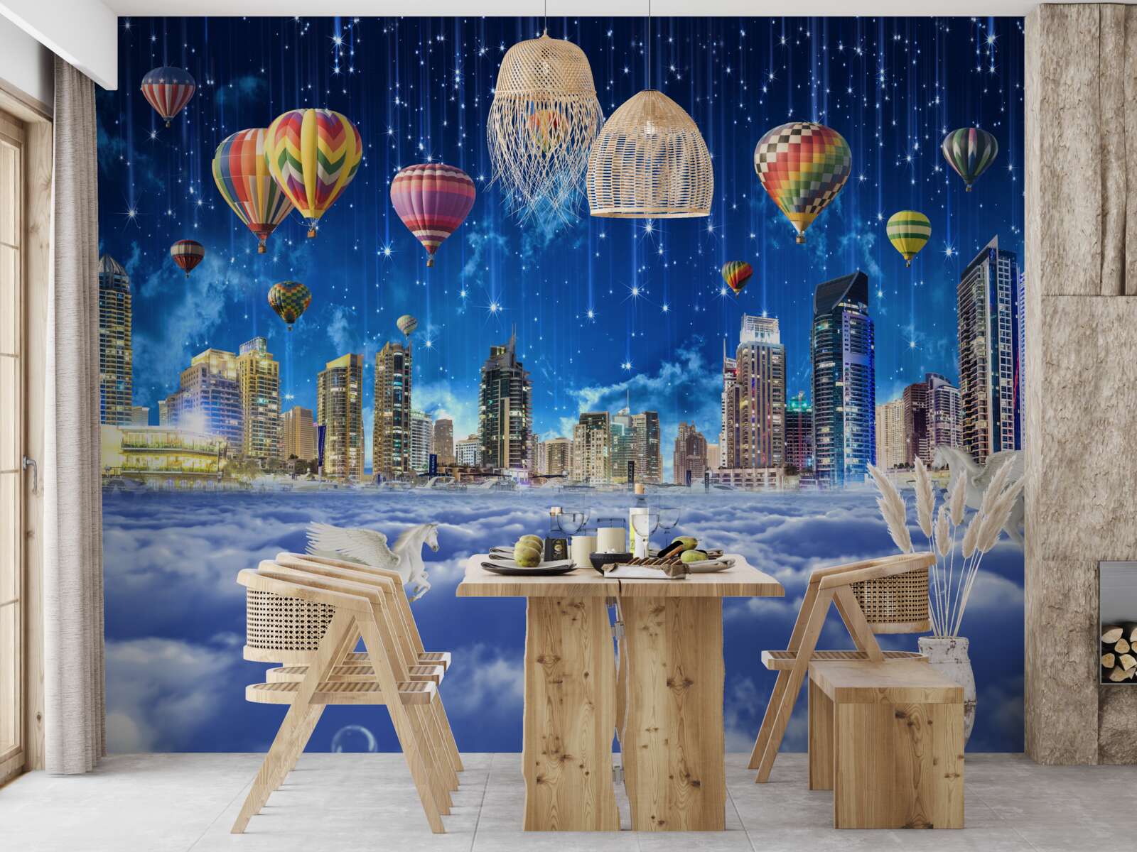 Фотошпалери нічне місто прикрашене повітряними кульками