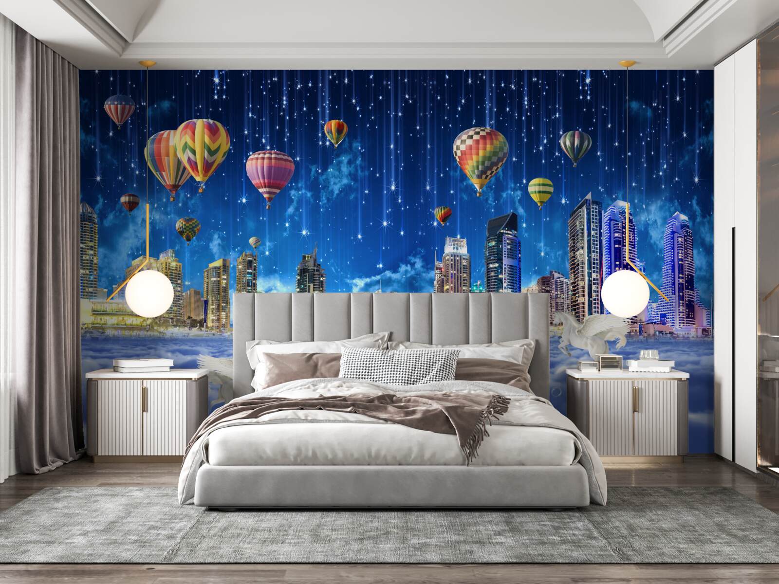 Фотошпалери нічне місто прикрашене повітряними кульками