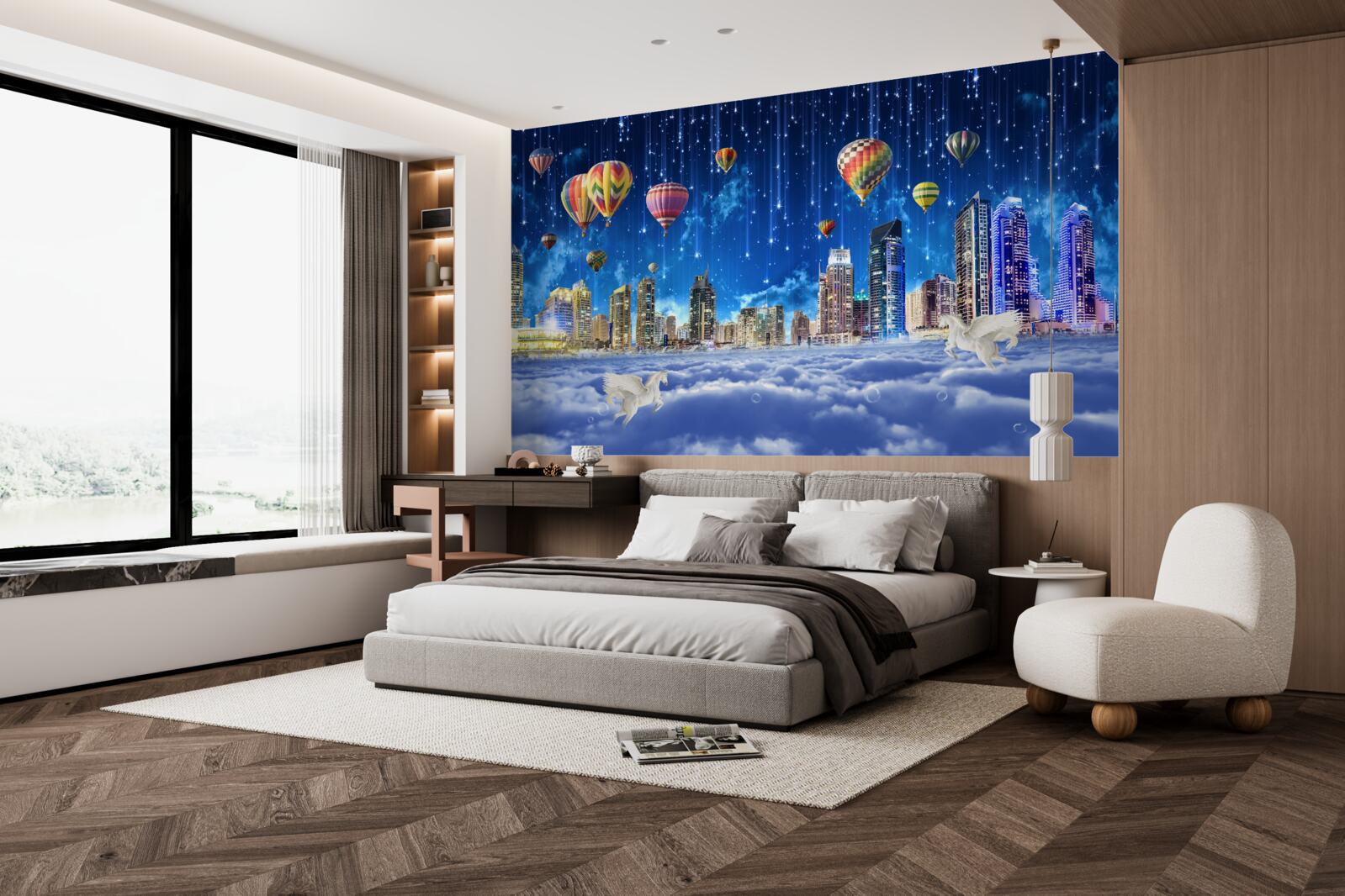 Фотошпалери нічне місто прикрашене повітряними кульками