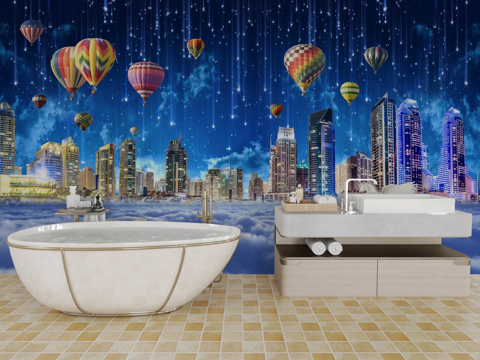 Фотошпалери нічне місто прикрашене повітряними кульками