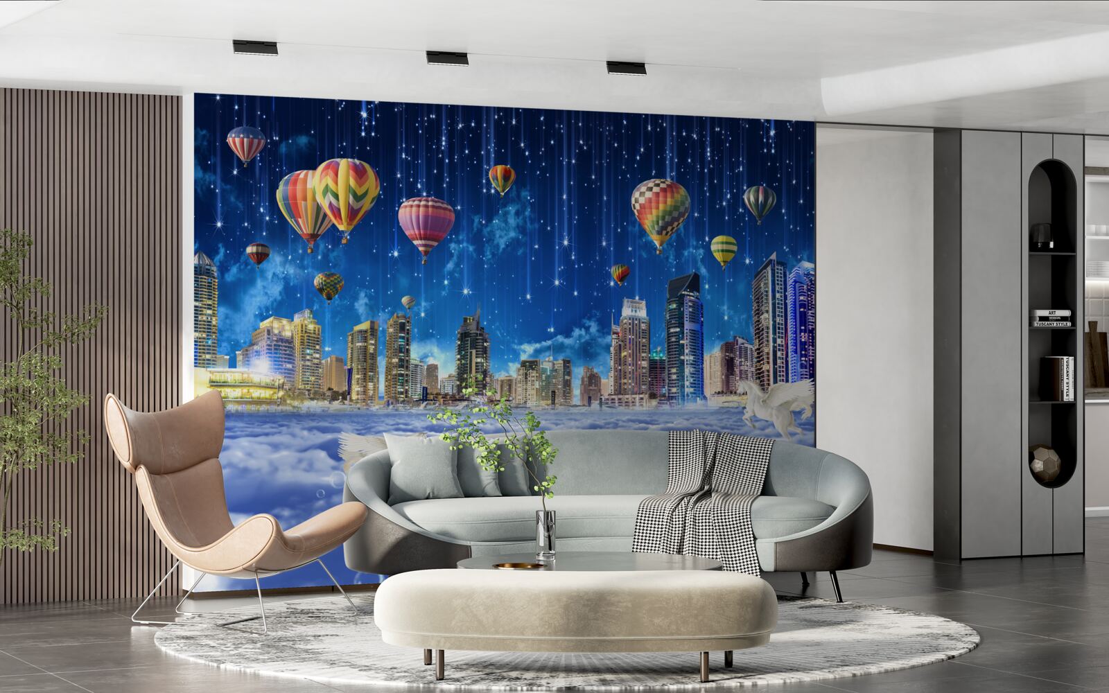 Фотошпалери нічне місто прикрашене повітряними кульками