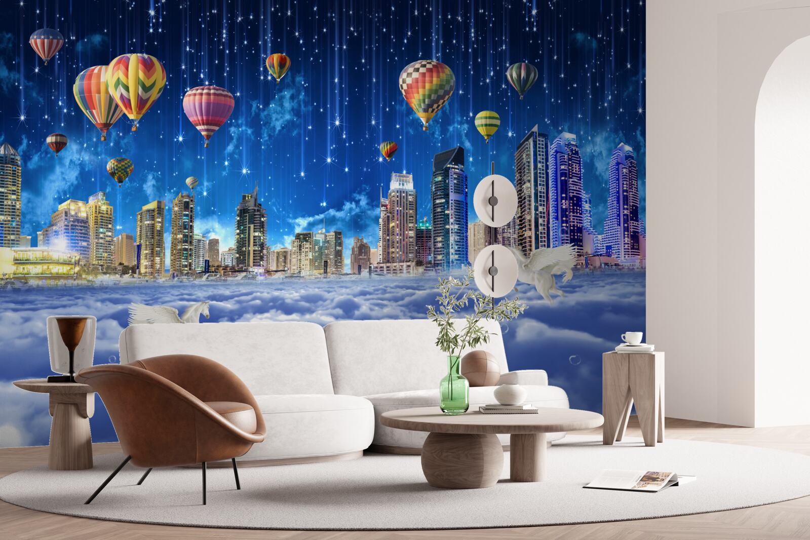 Фотошпалери нічне місто прикрашене повітряними кульками