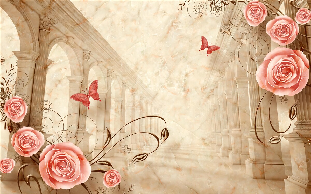 Фотошпалери на задньому плані арки - метелики та рожеві троянди