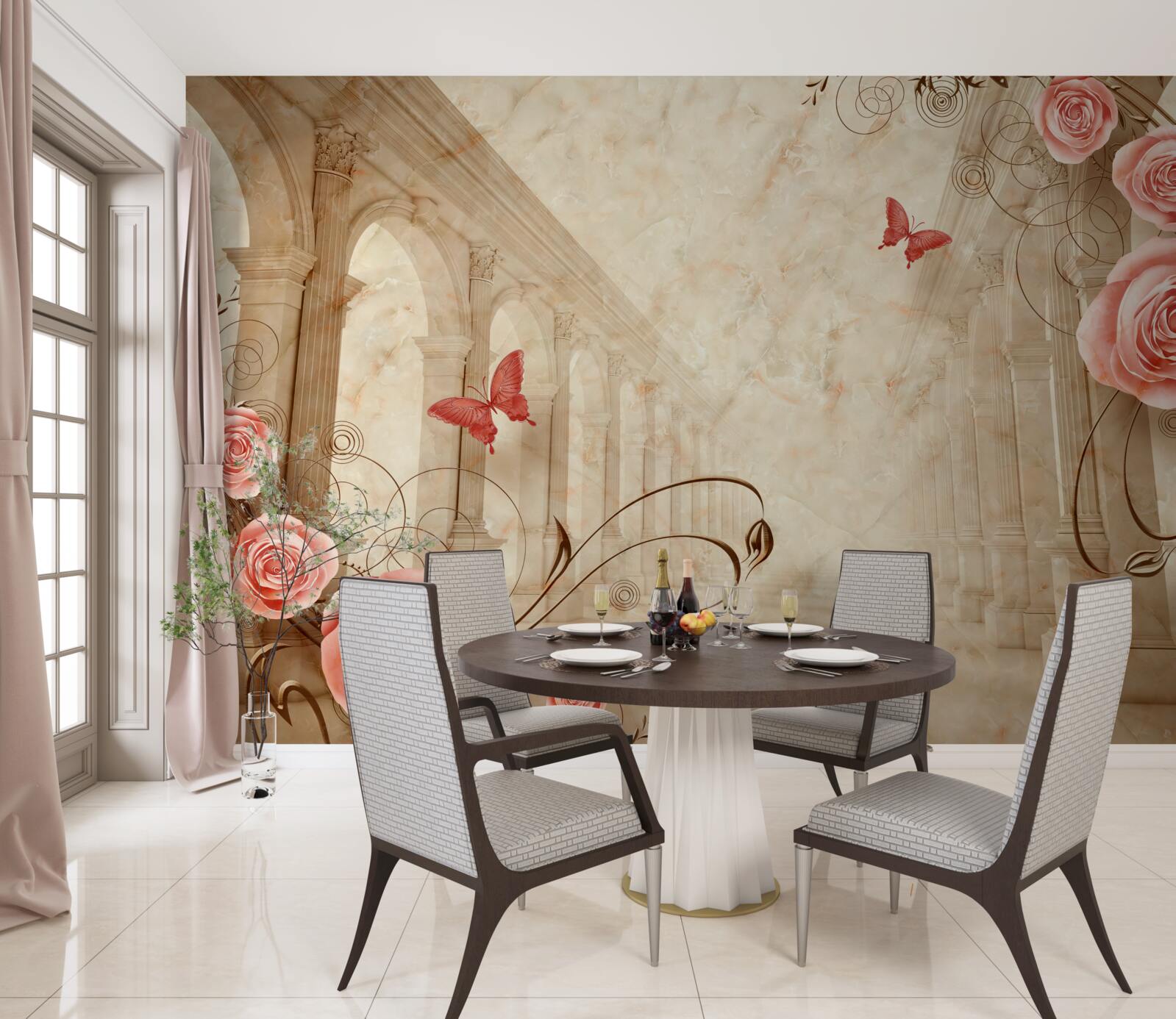 Фотошпалери на задньому плані арки - метелики та рожеві троянди