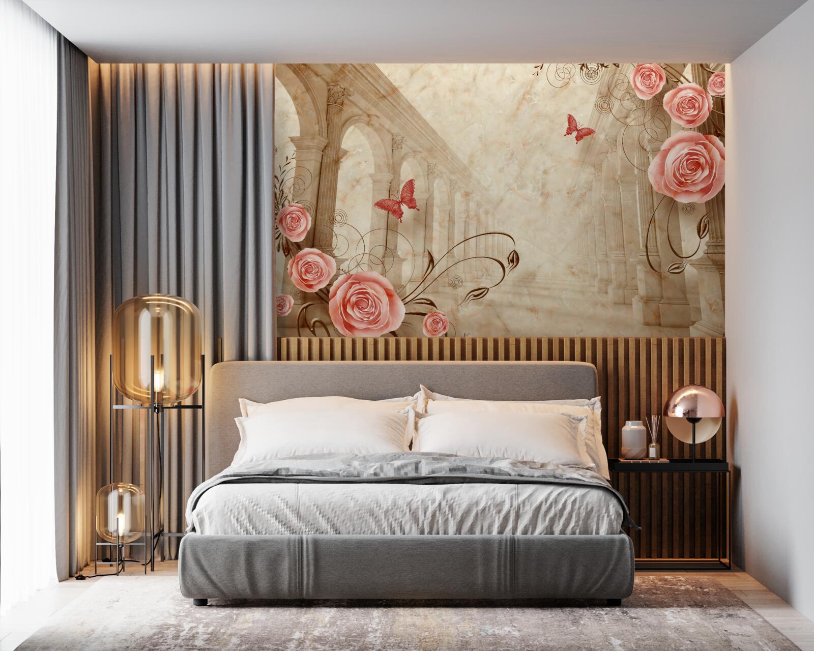 Фотошпалери на задньому плані арки - метелики та рожеві троянди