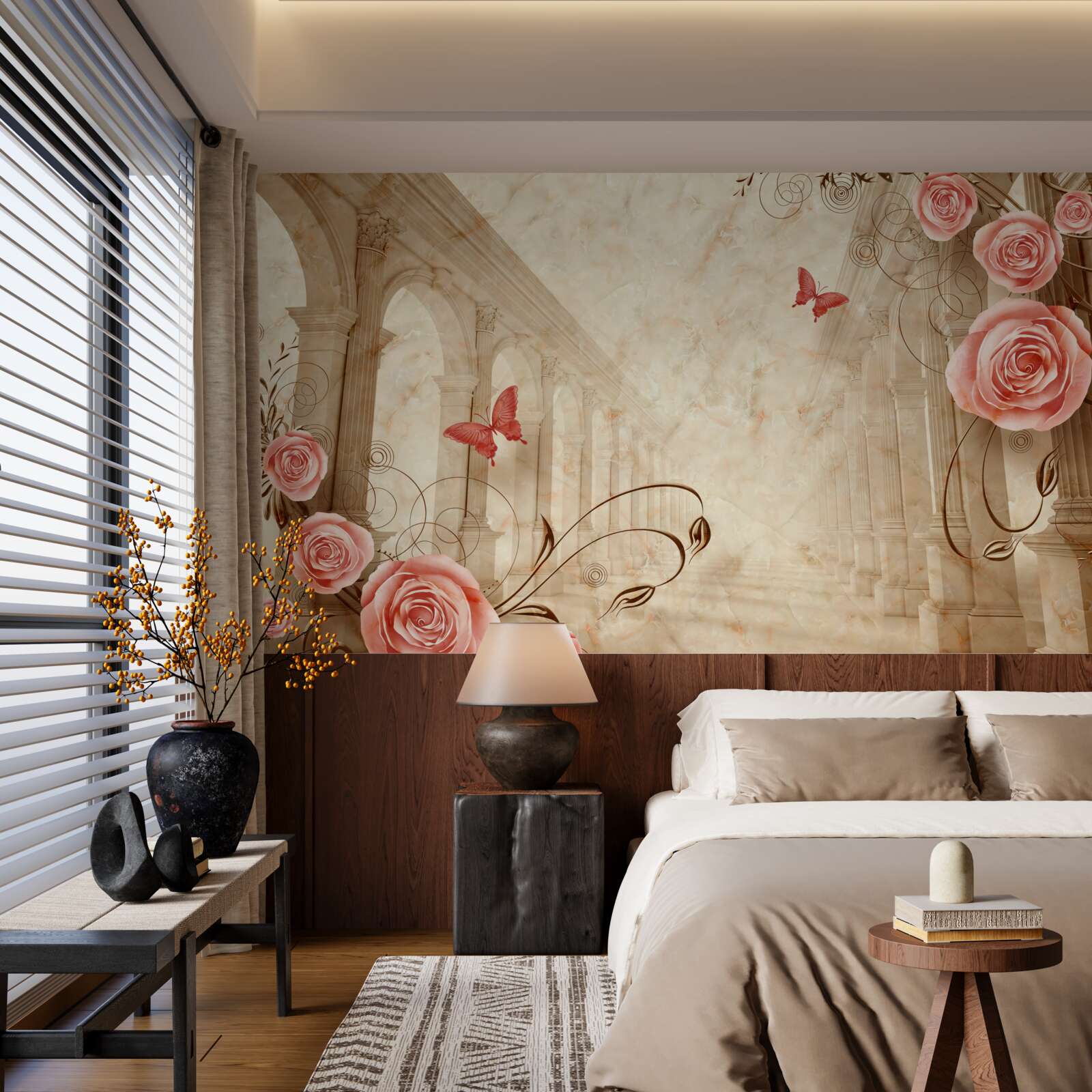 Фотошпалери на задньому плані арки - метелики та рожеві троянди