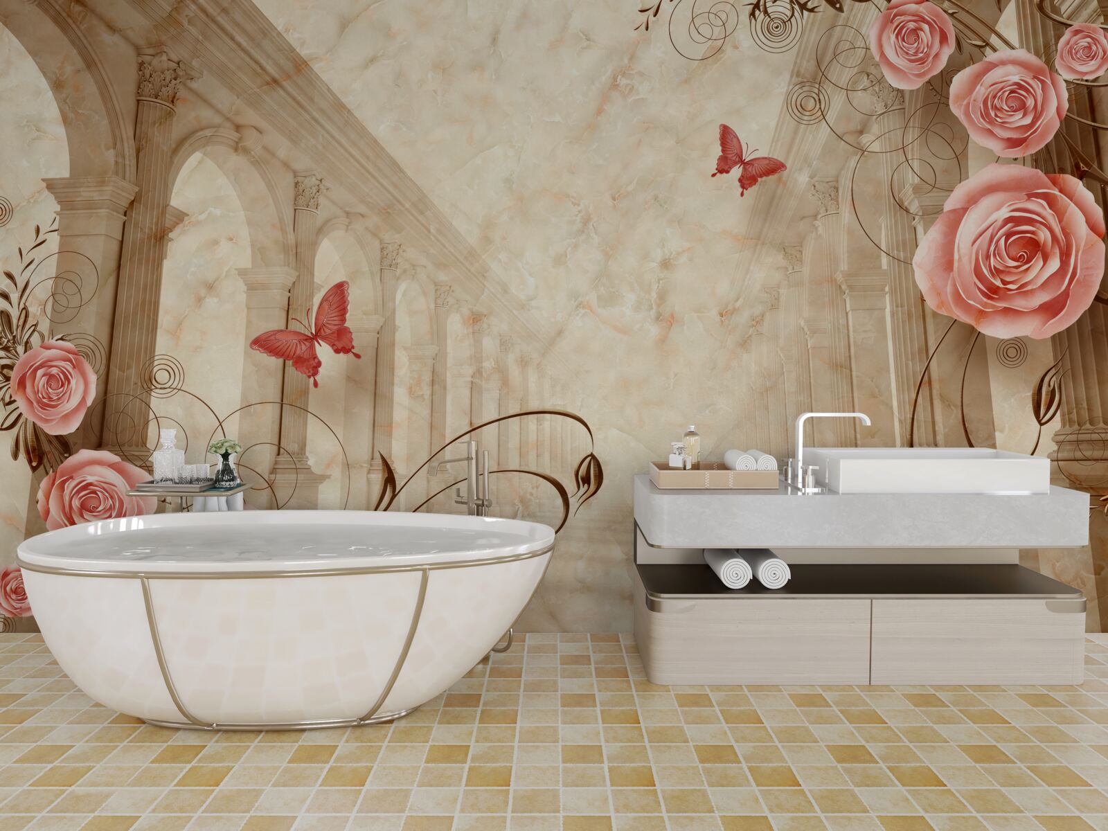 Фотошпалери на задньому плані арки - метелики та рожеві троянди