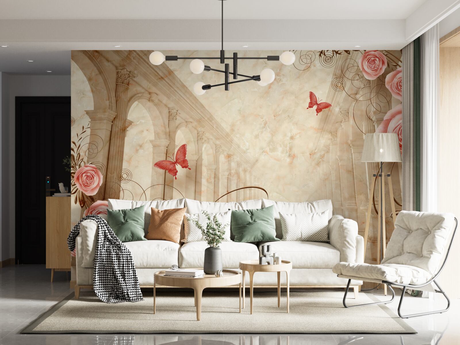 Фотошпалери на задньому плані арки - метелики та рожеві троянди