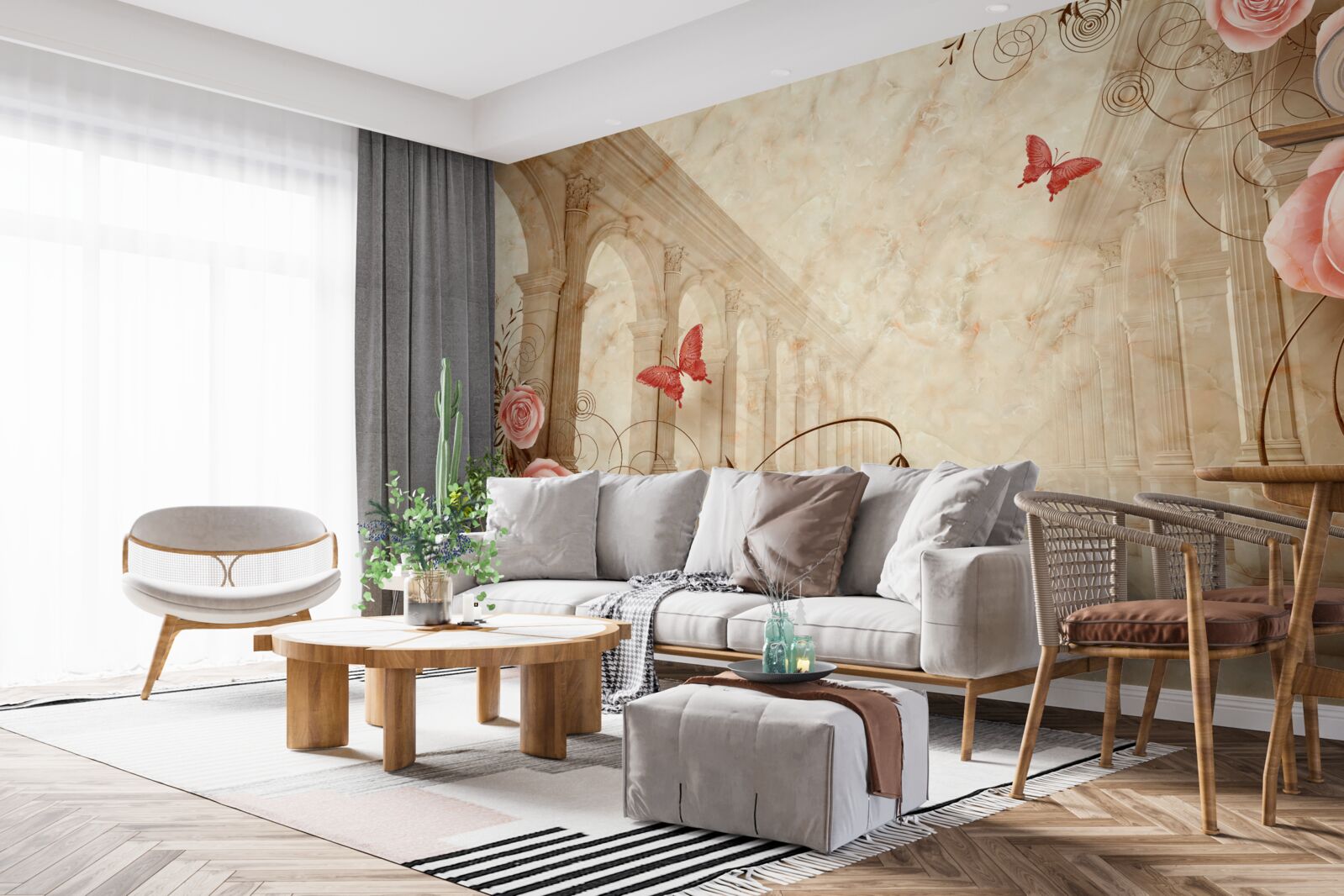 Фотошпалери на задньому плані арки - метелики та рожеві троянди