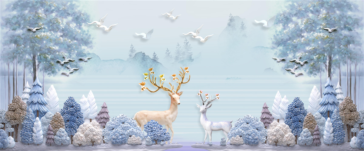 Фотошпалери між деревами і горами олені пасуться на пасовищі