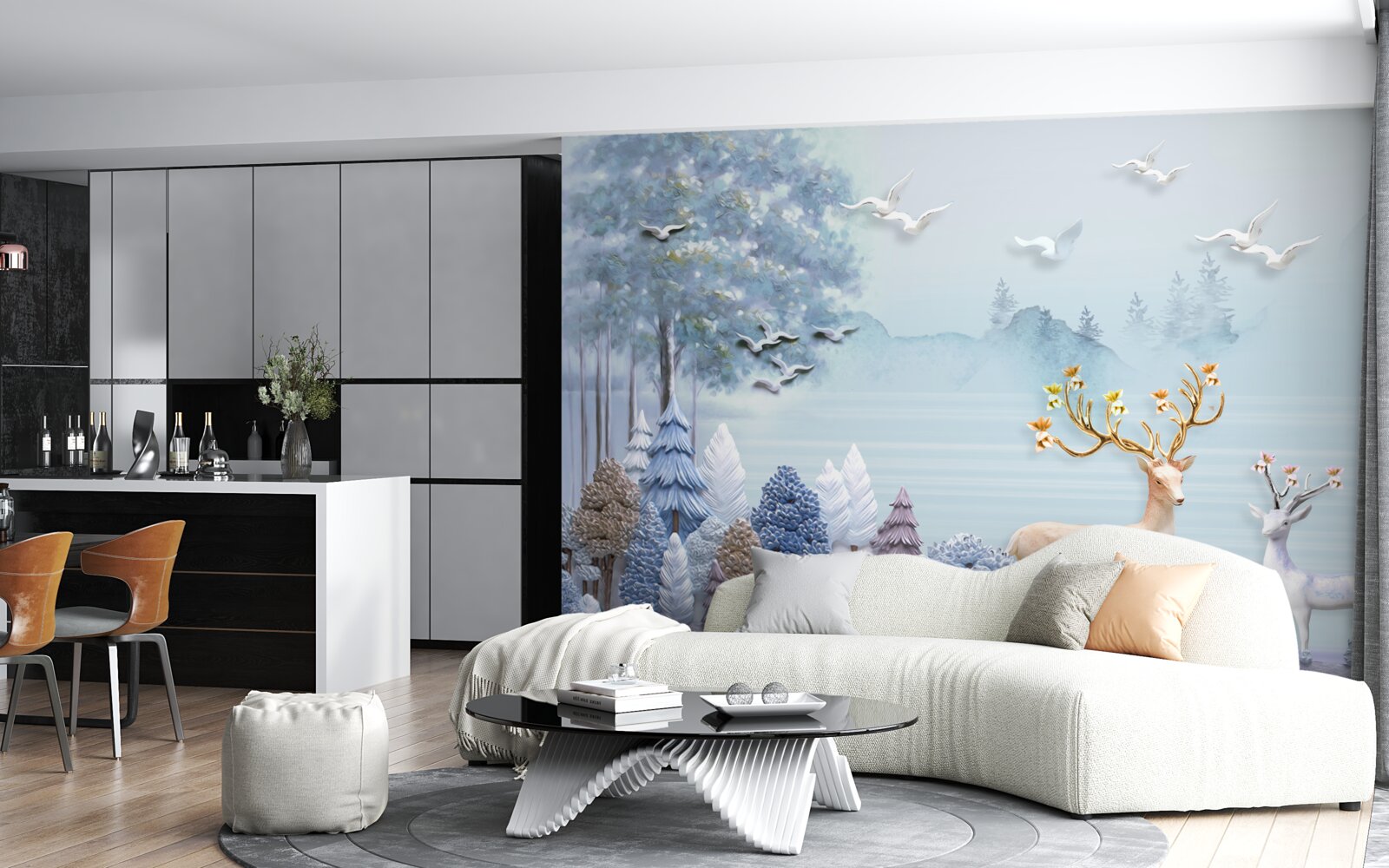 Фотошпалери між деревами і горами олені пасуться на пасовищі