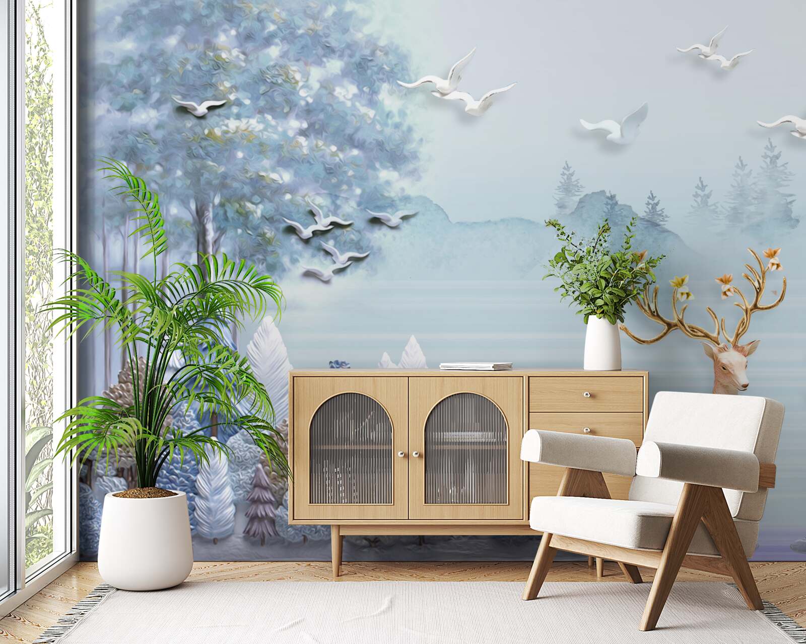 Фотошпалери між деревами і горами олені пасуться на пасовищі