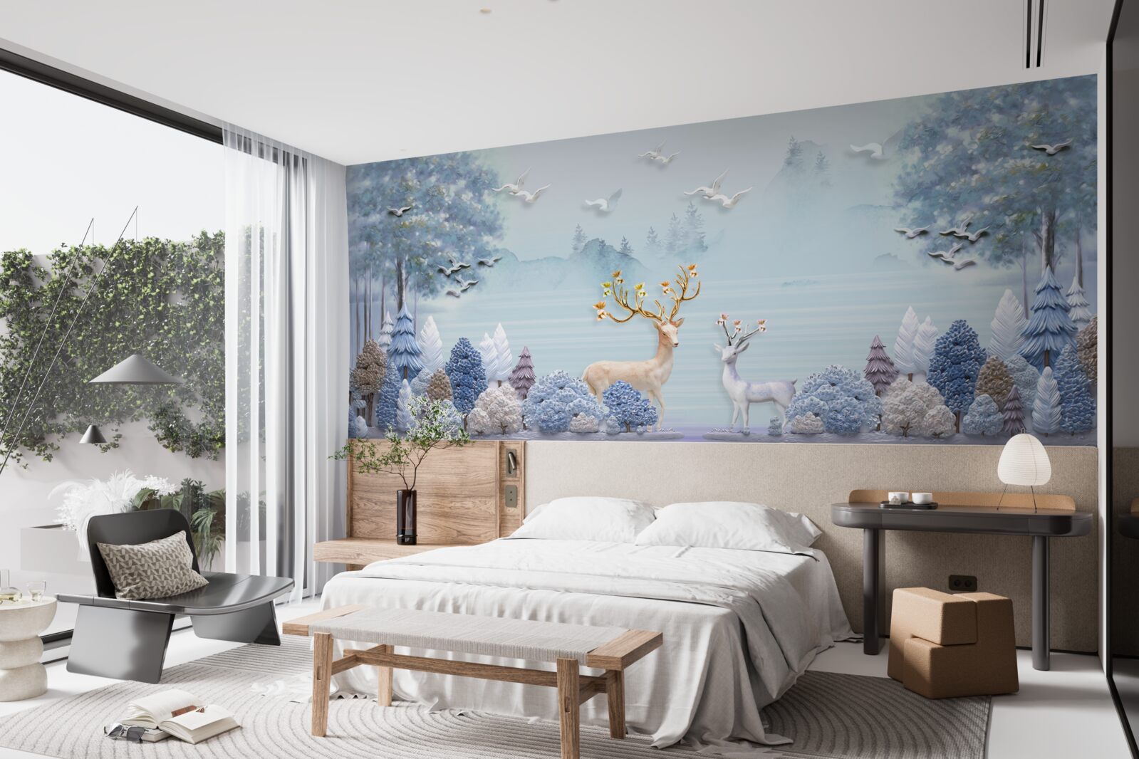 Фотошпалери між деревами і горами олені пасуться на пасовищі