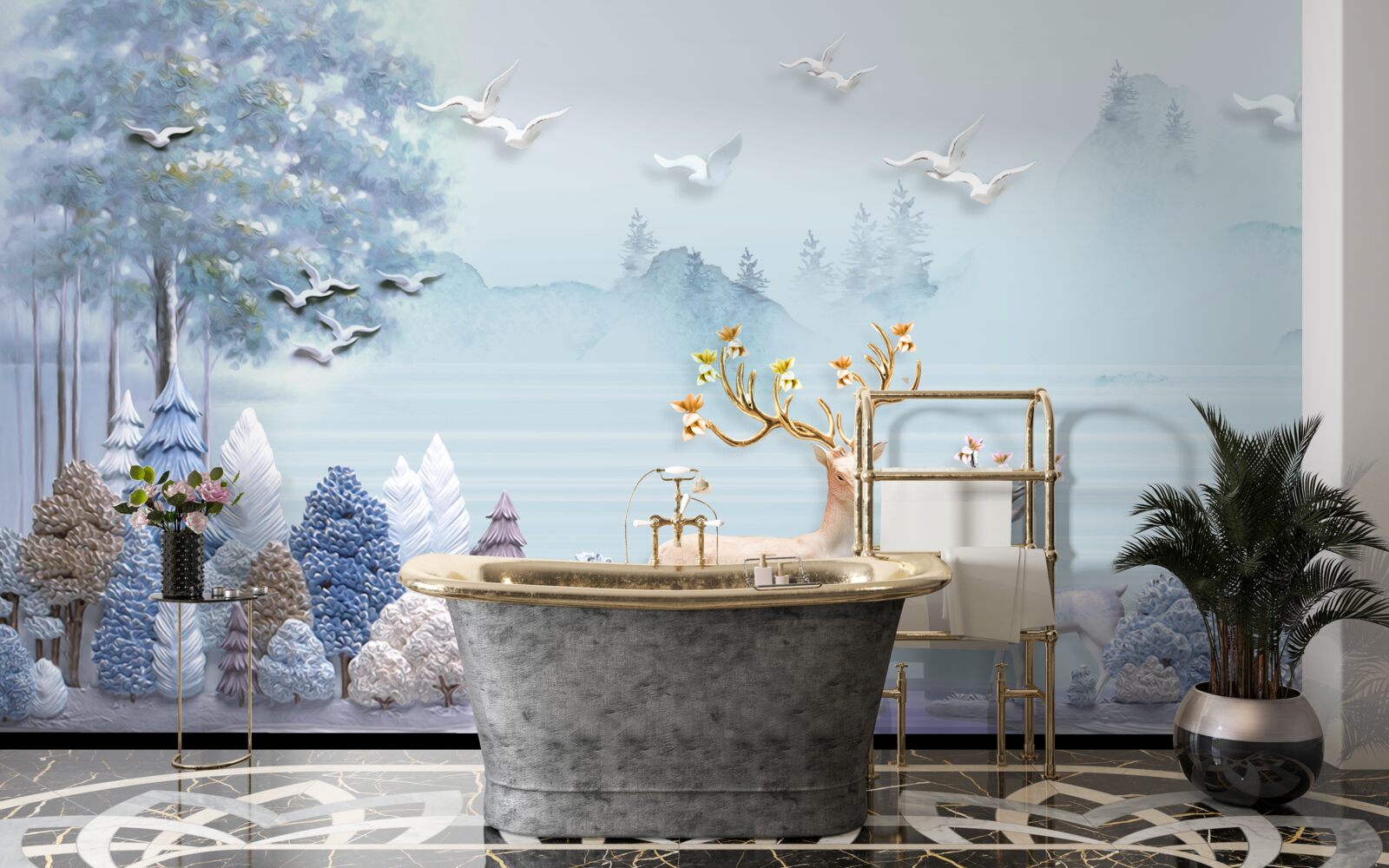 Фотошпалери між деревами і горами олені пасуться на пасовищі