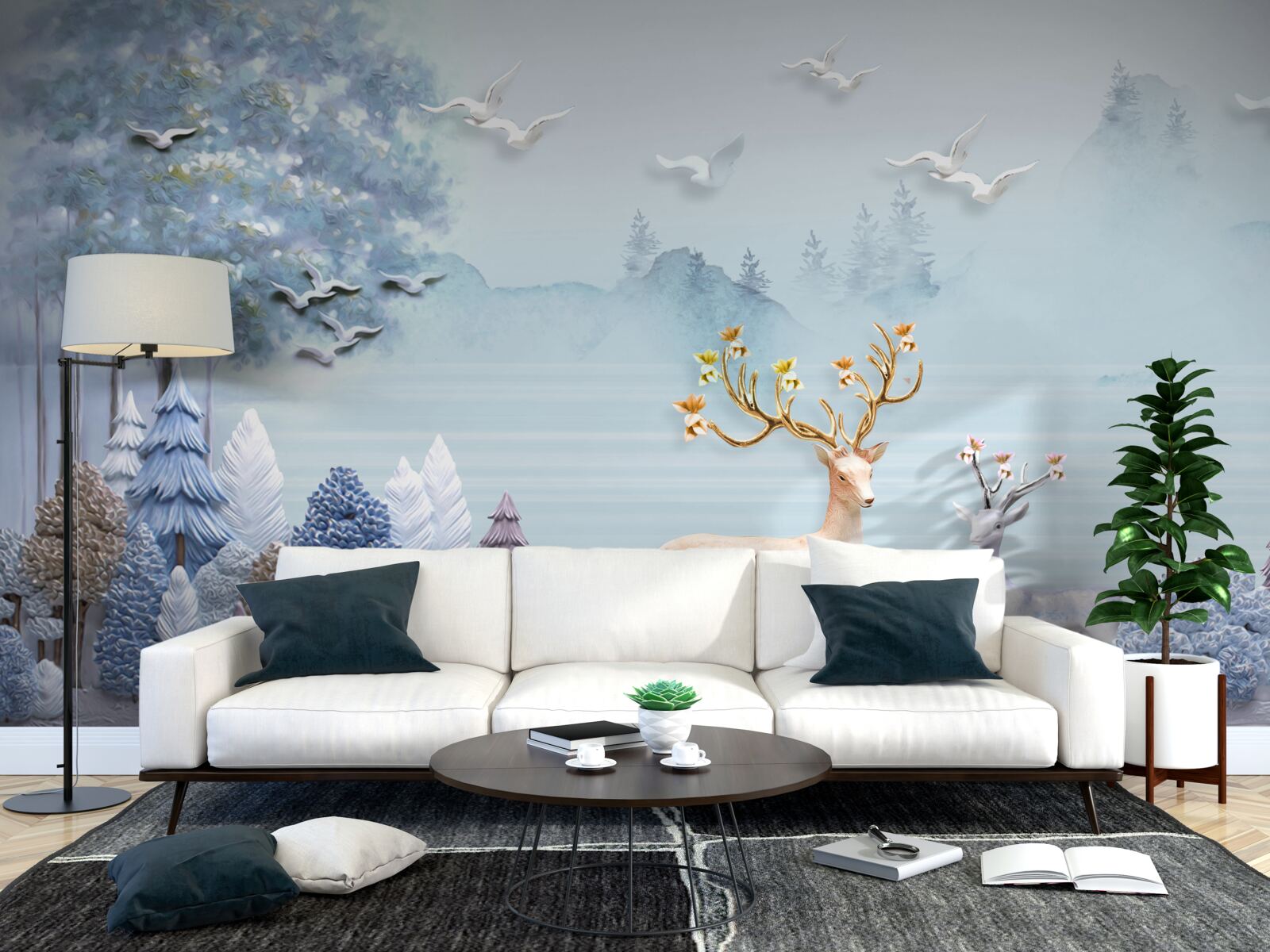 Фотошпалери між деревами і горами олені пасуться на пасовищі