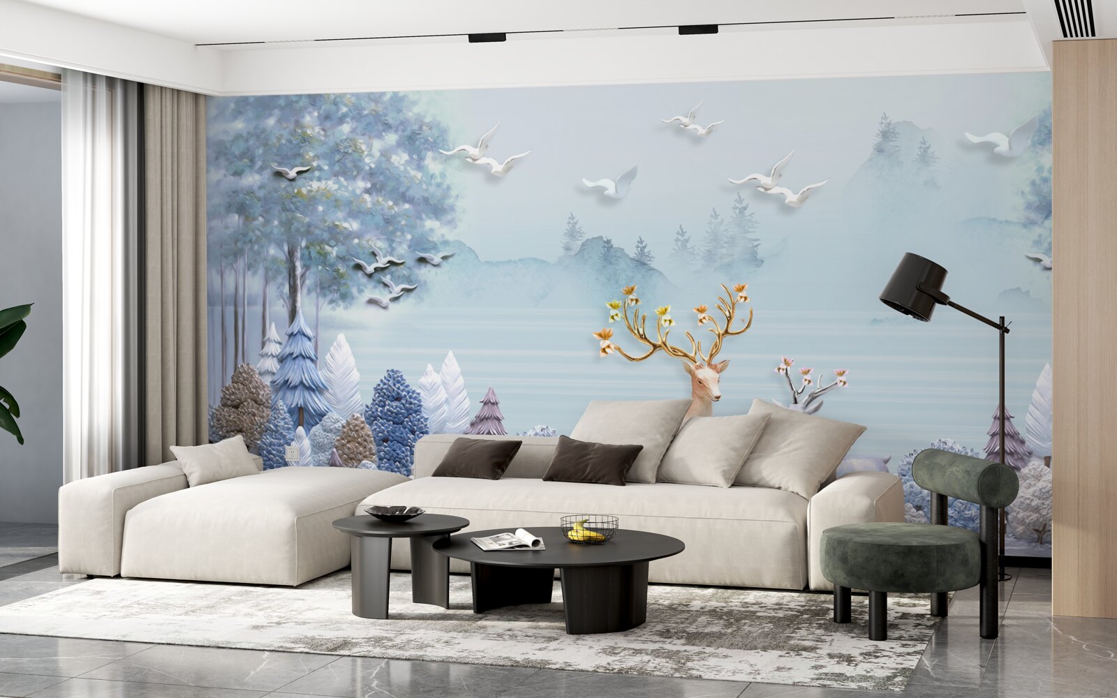 Фотошпалери між деревами і горами олені пасуться на пасовищі