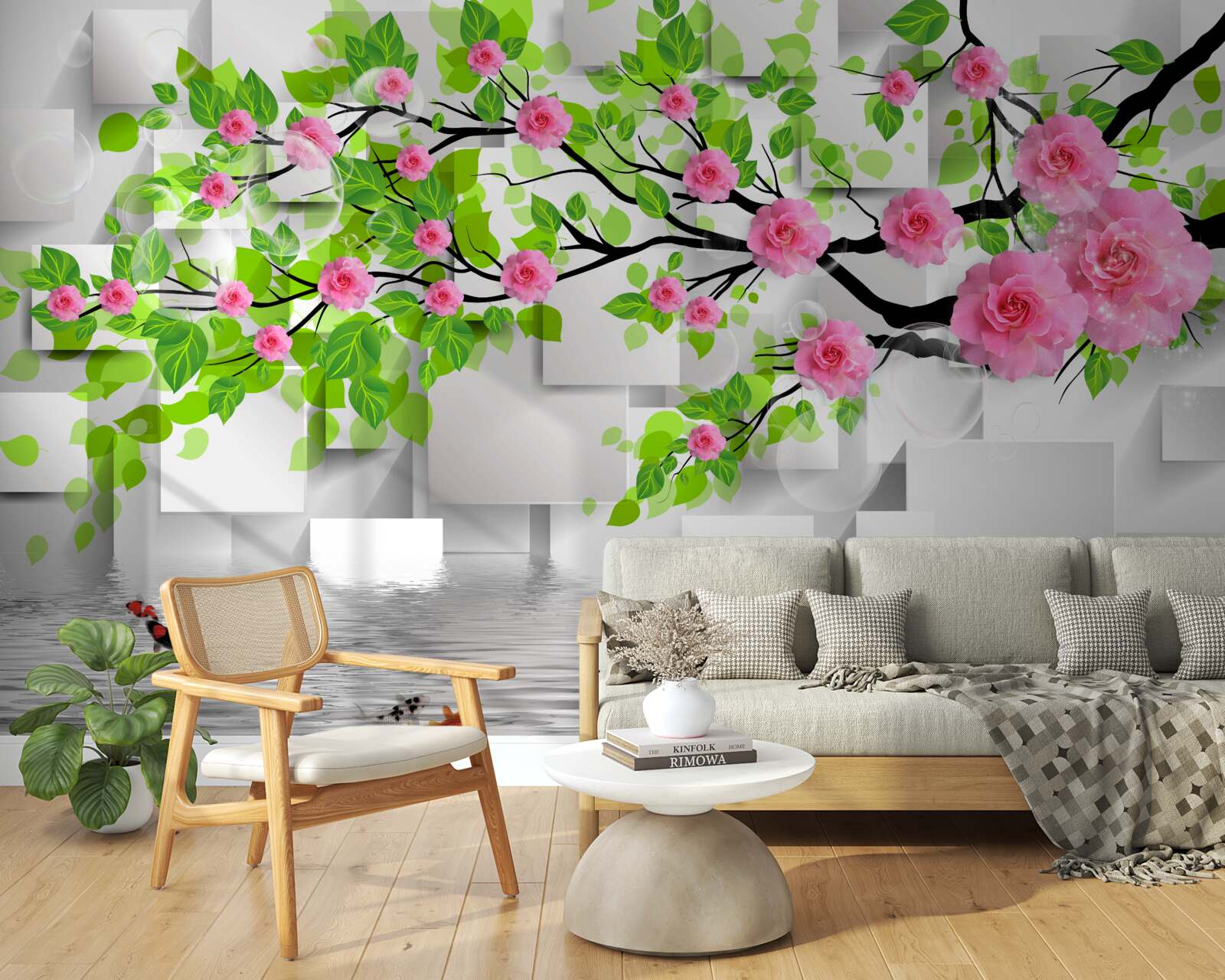 Фотошпалери рожеві троянди, що цвітуть на гілці