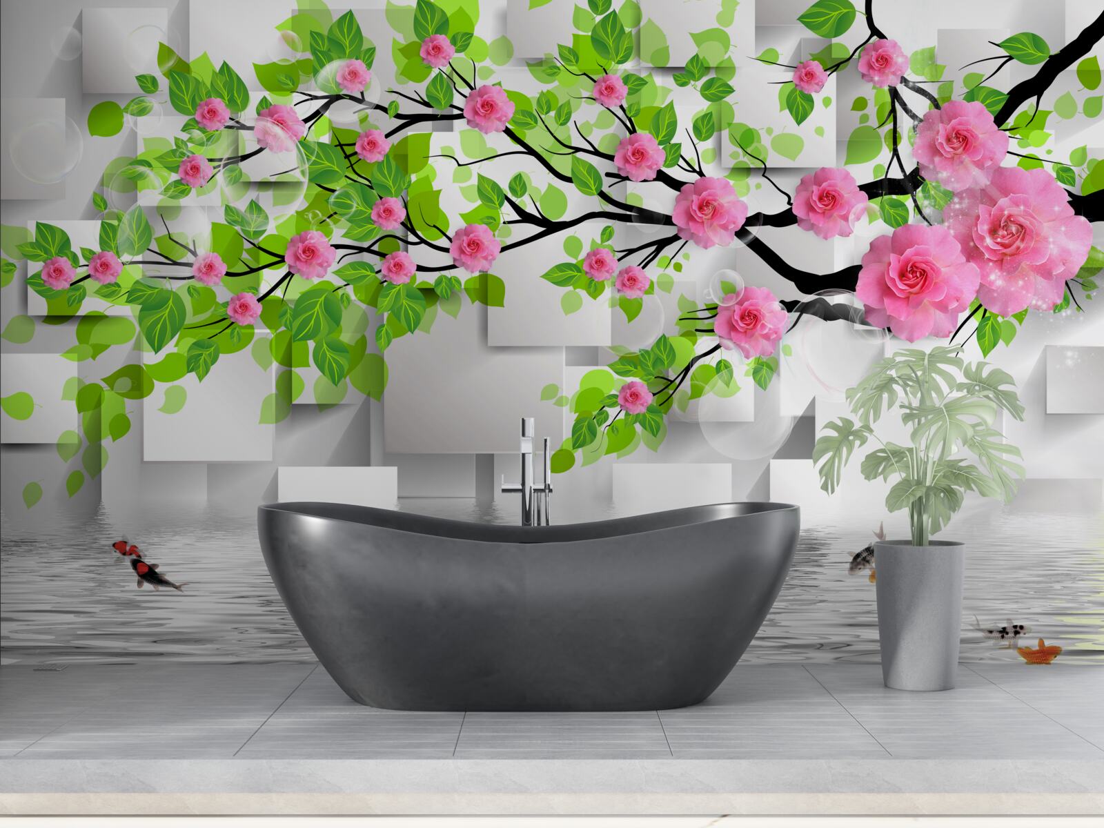 Фотошпалери рожеві троянди, що цвітуть на гілці