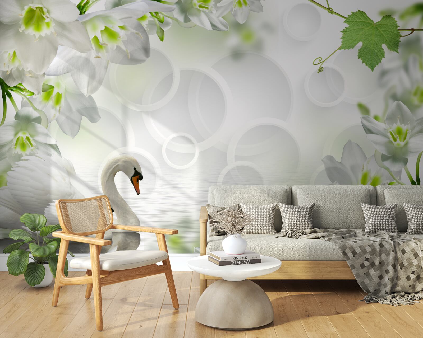 Фотошпалери білі квіти на озері серед лебедів