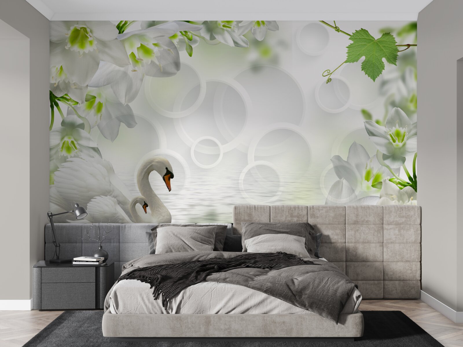 Фотошпалери білі квіти на озері серед лебедів