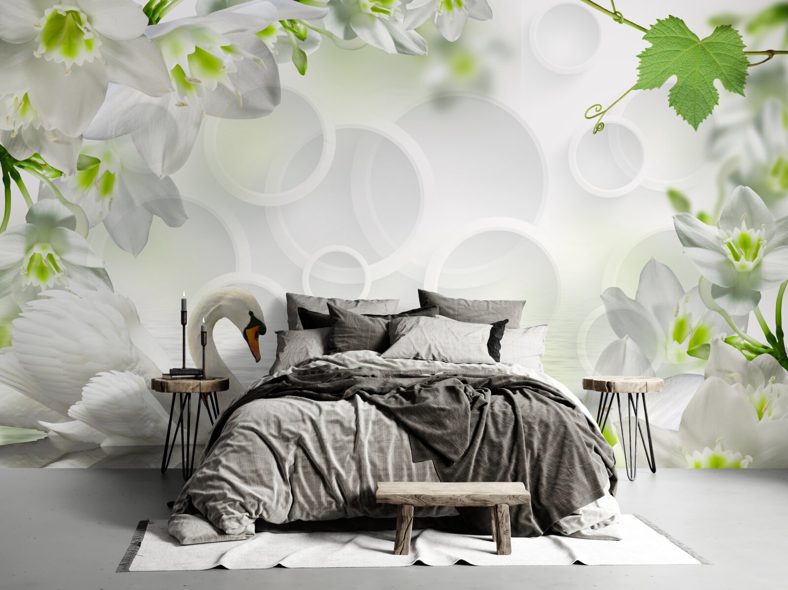 Фотошпалери білі квіти на озері серед лебедів