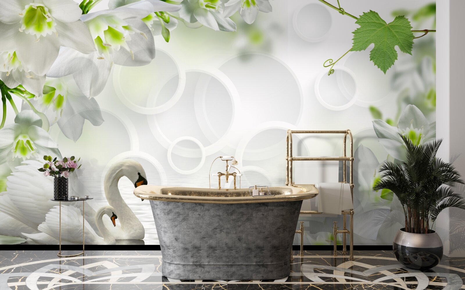 Фотошпалери білі квіти на озері серед лебедів