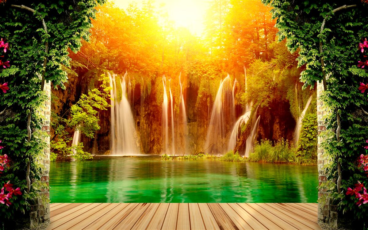 Фотошпалери неймовірний захід сонця біля падаючого водоспаду