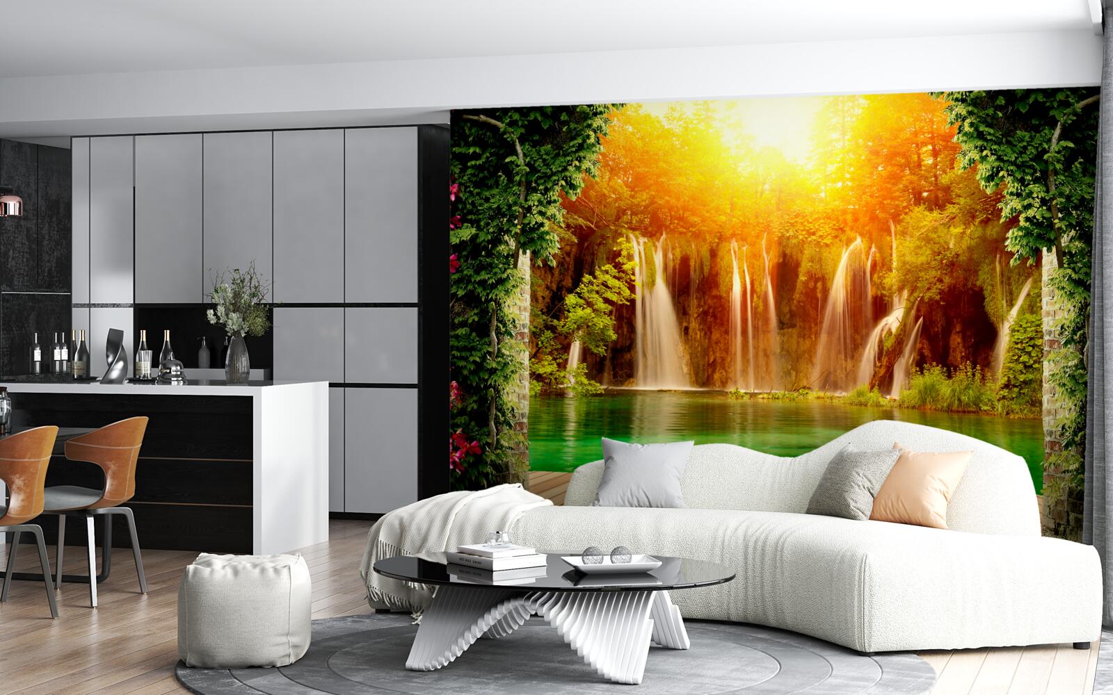 Фотошпалери неймовірний захід сонця біля падаючого водоспаду