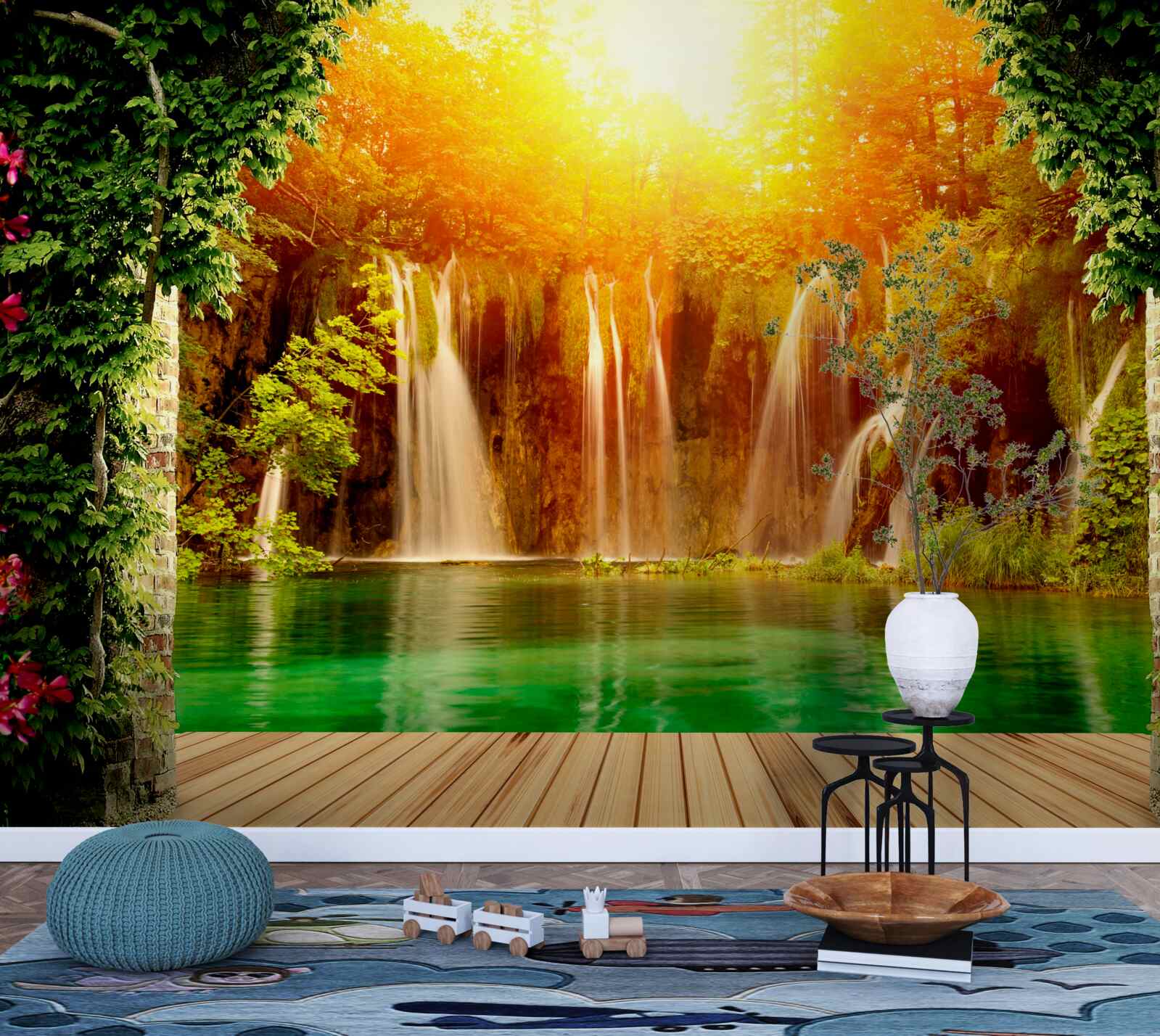 Фотошпалери неймовірний захід сонця біля падаючого водоспаду