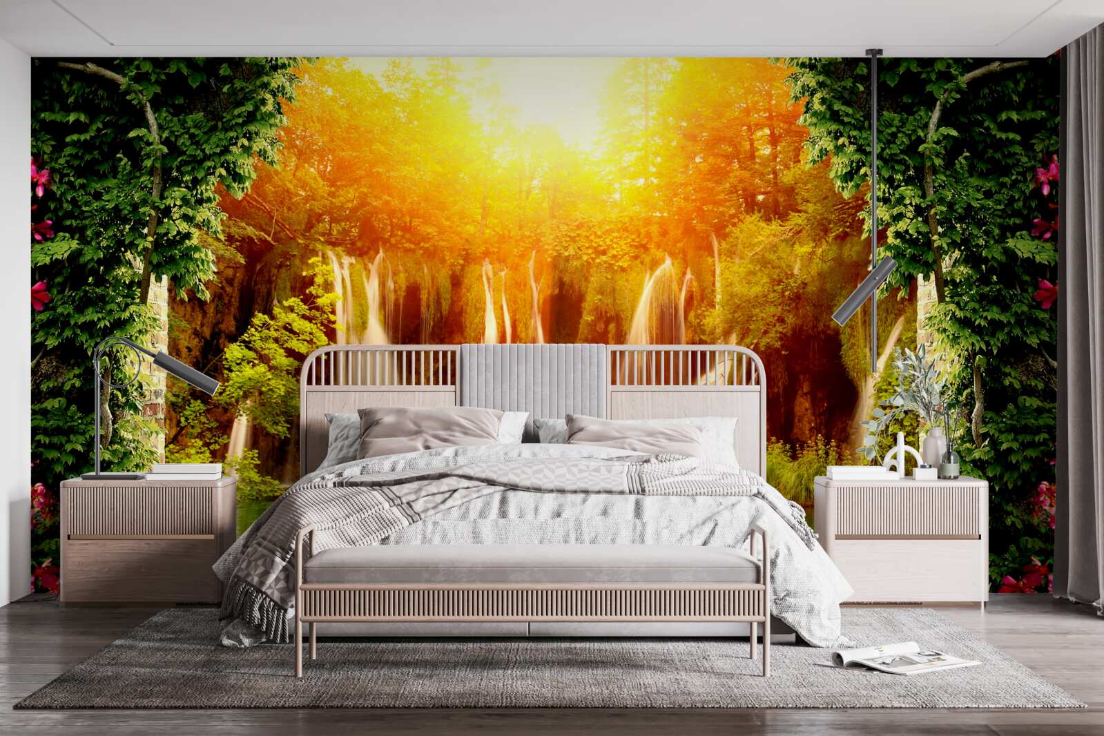 Фотошпалери неймовірний захід сонця біля падаючого водоспаду