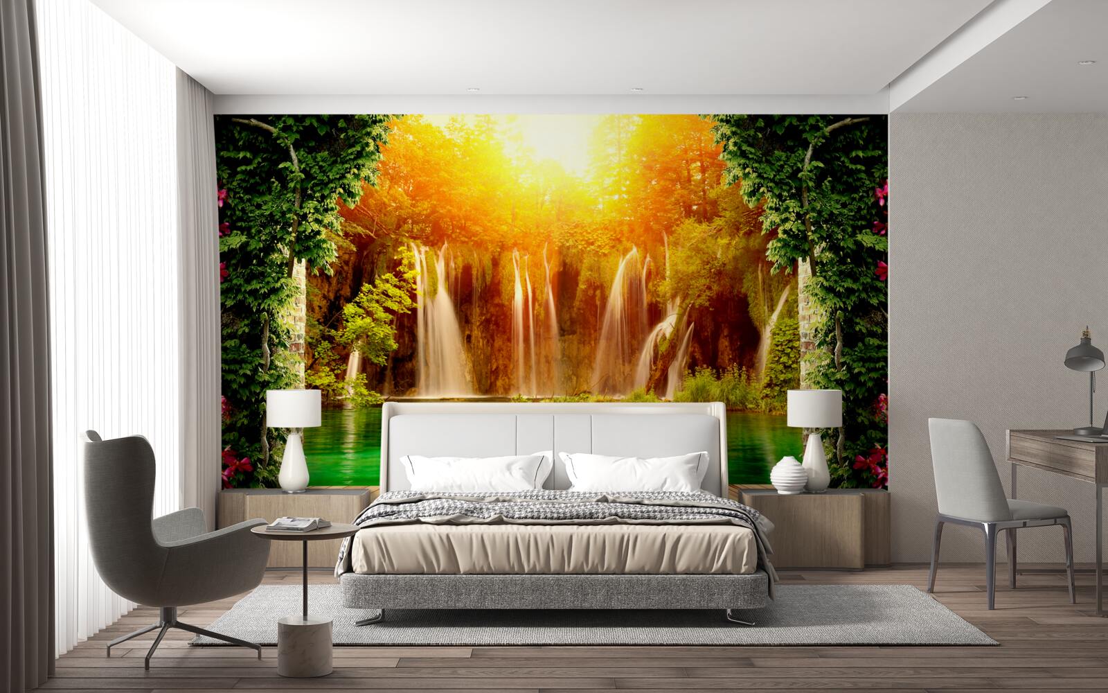 Фотошпалери неймовірний захід сонця біля падаючого водоспаду