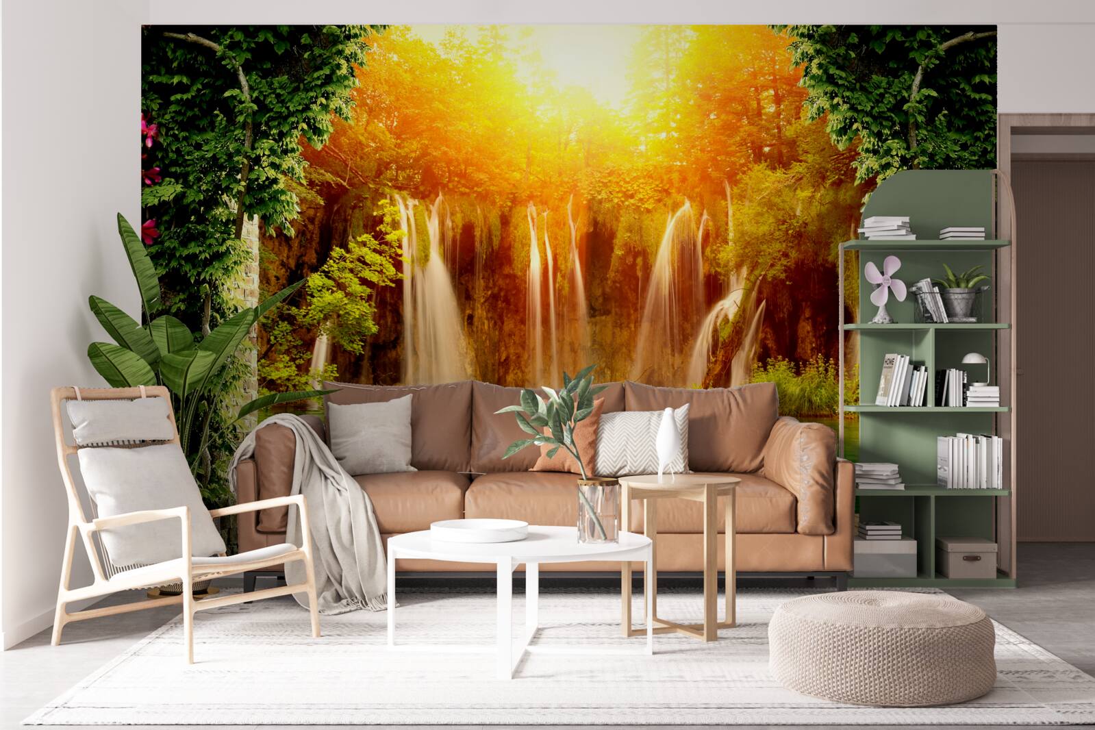 Фотошпалери неймовірний захід сонця біля падаючого водоспаду