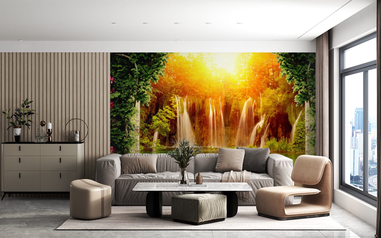 Фотошпалери неймовірний захід сонця біля падаючого водоспаду