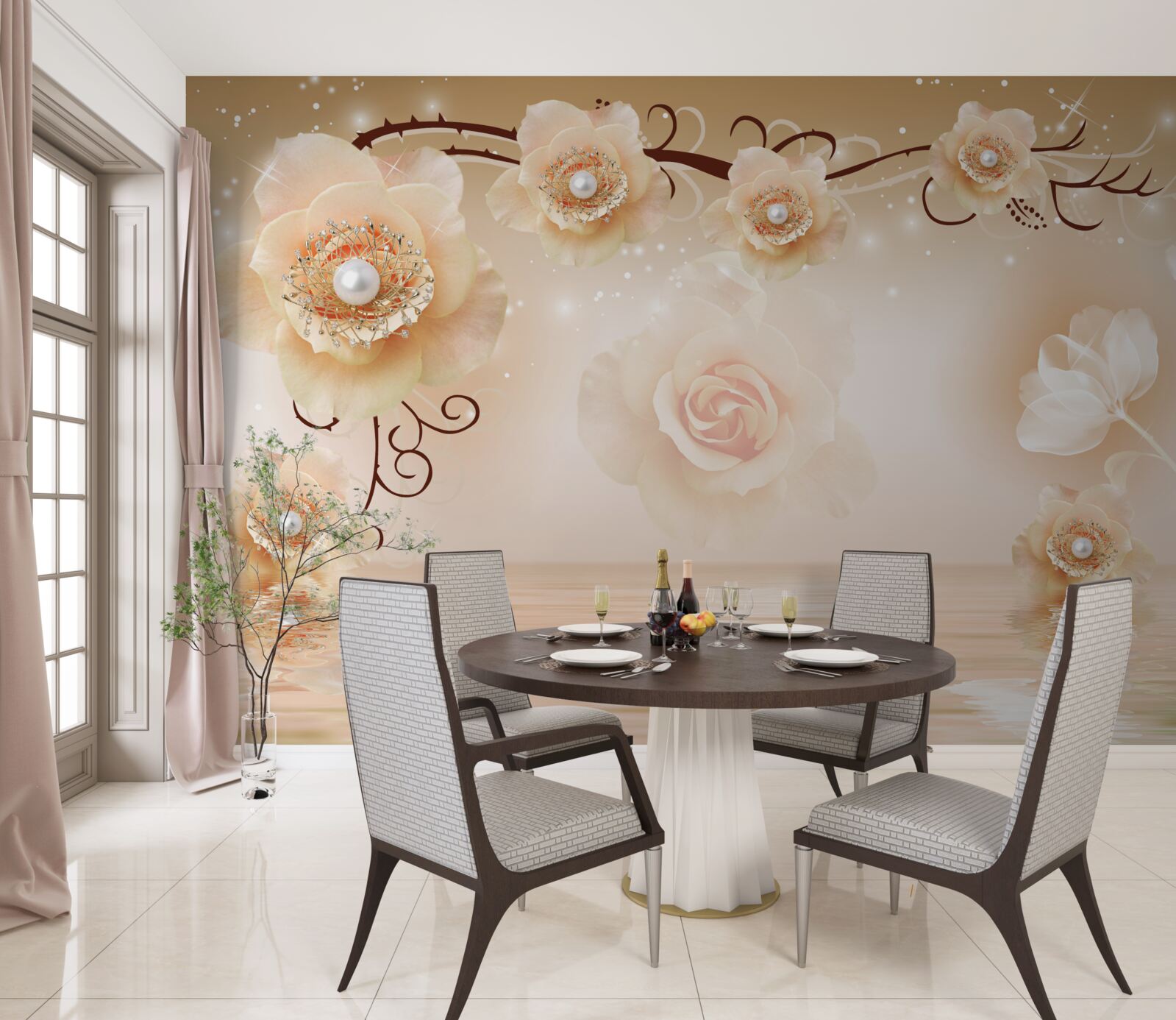 Фотошпалери білі перлинні троянди