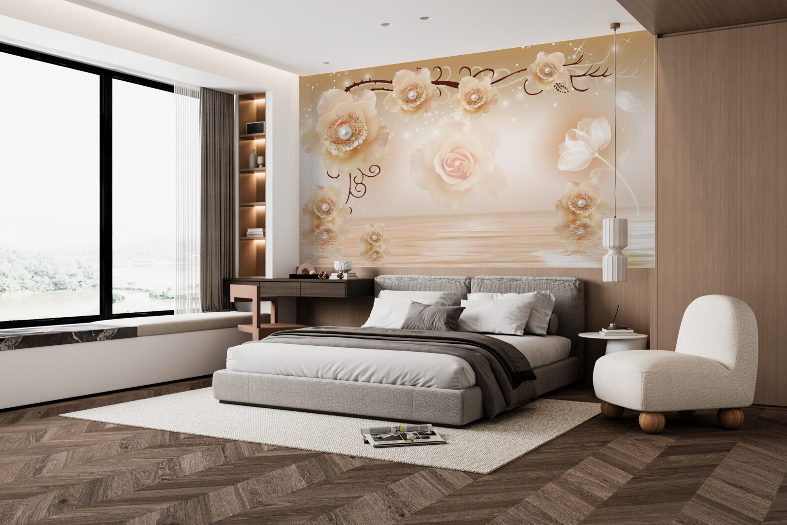 Фотошпалери білі перлинні троянди