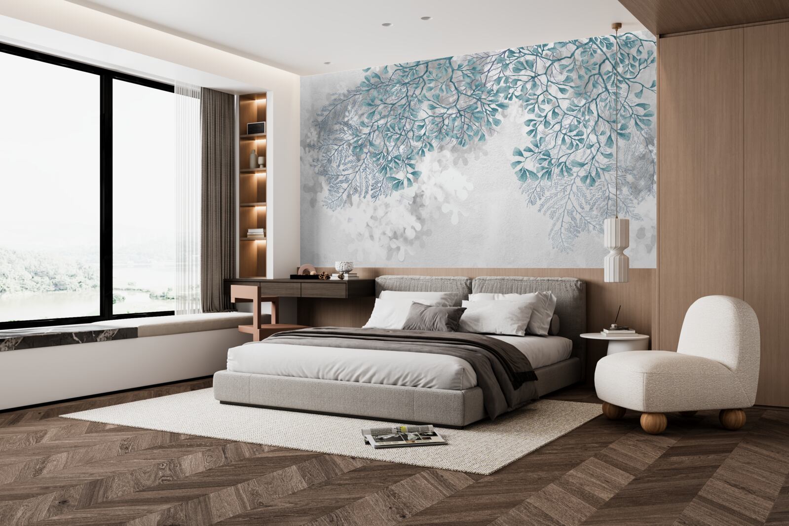 Фотошпалери на світлому тлі видно гілки з бірюзовим листям