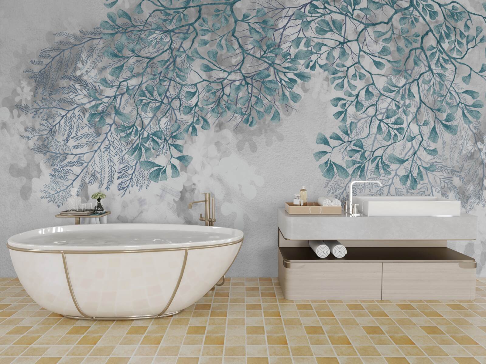 Фотошпалери на світлому тлі видно гілки з бірюзовим листям