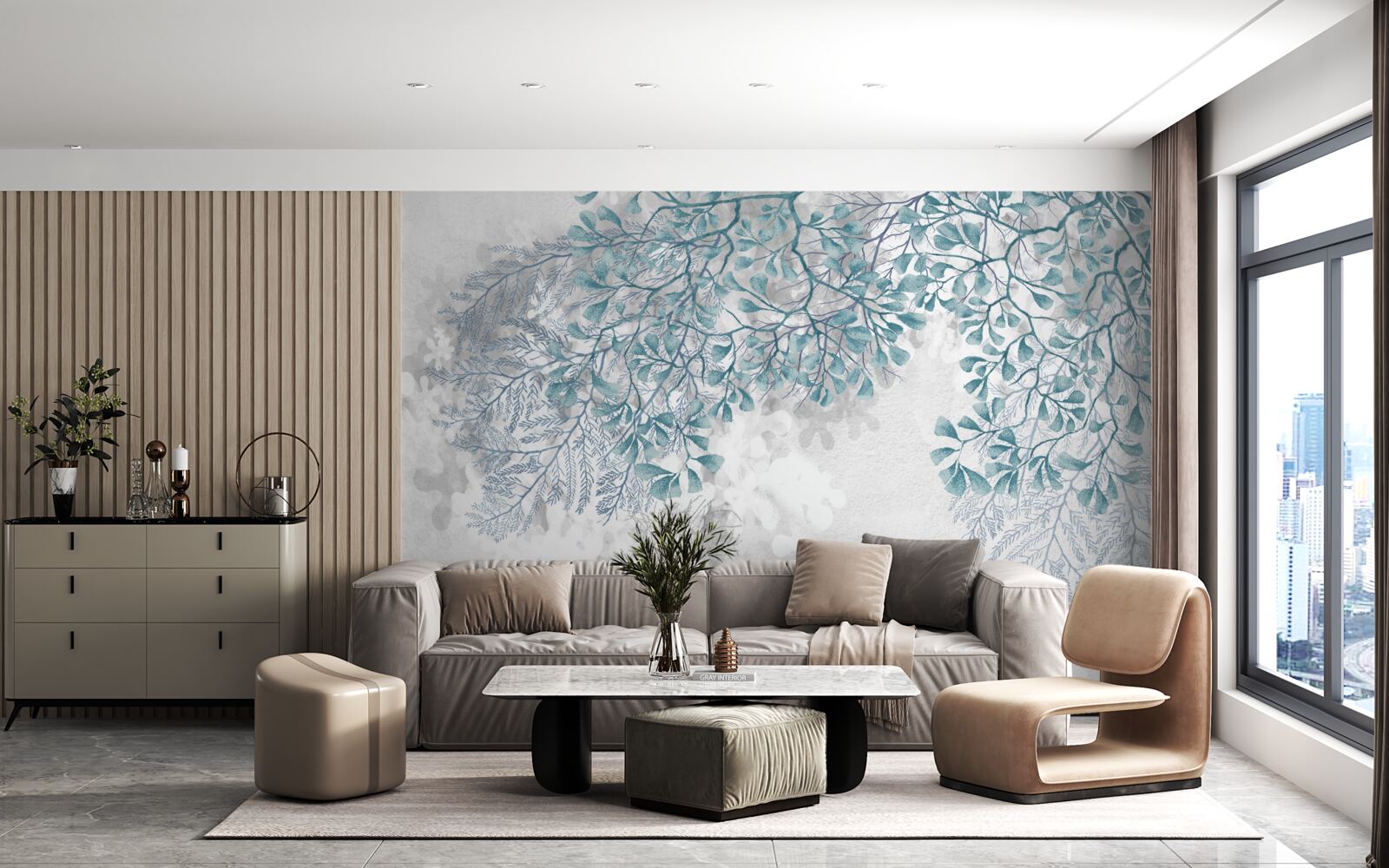 Фотошпалери на світлому тлі видно гілки з бірюзовим листям